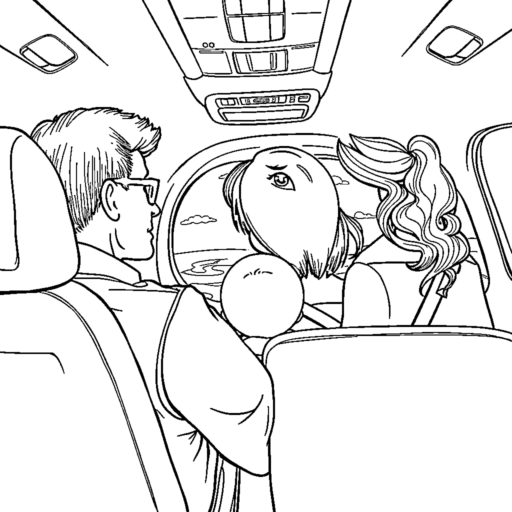 Family on a Road Trip in a Vehicle Coloring Page (free black-and-white line drawing printable PDF for all, from beginners to advanced learners, including children, teens, adults, and seniors)