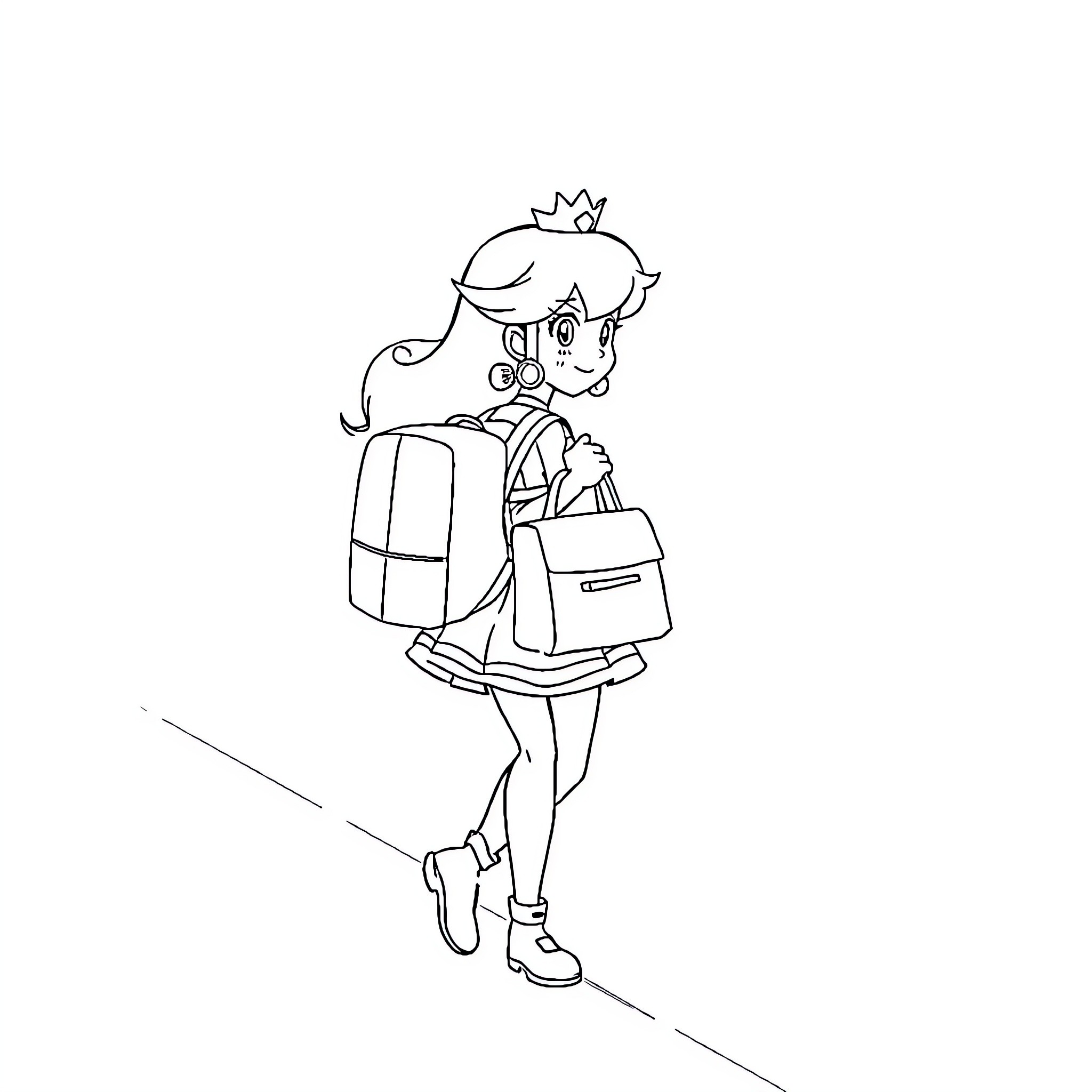 Princess Peach walking to school with backpack Coloring Page (free black-and-white line drawing printable PDF for all, from beginners to advanced learners, including children, teens, adults, and seniors)