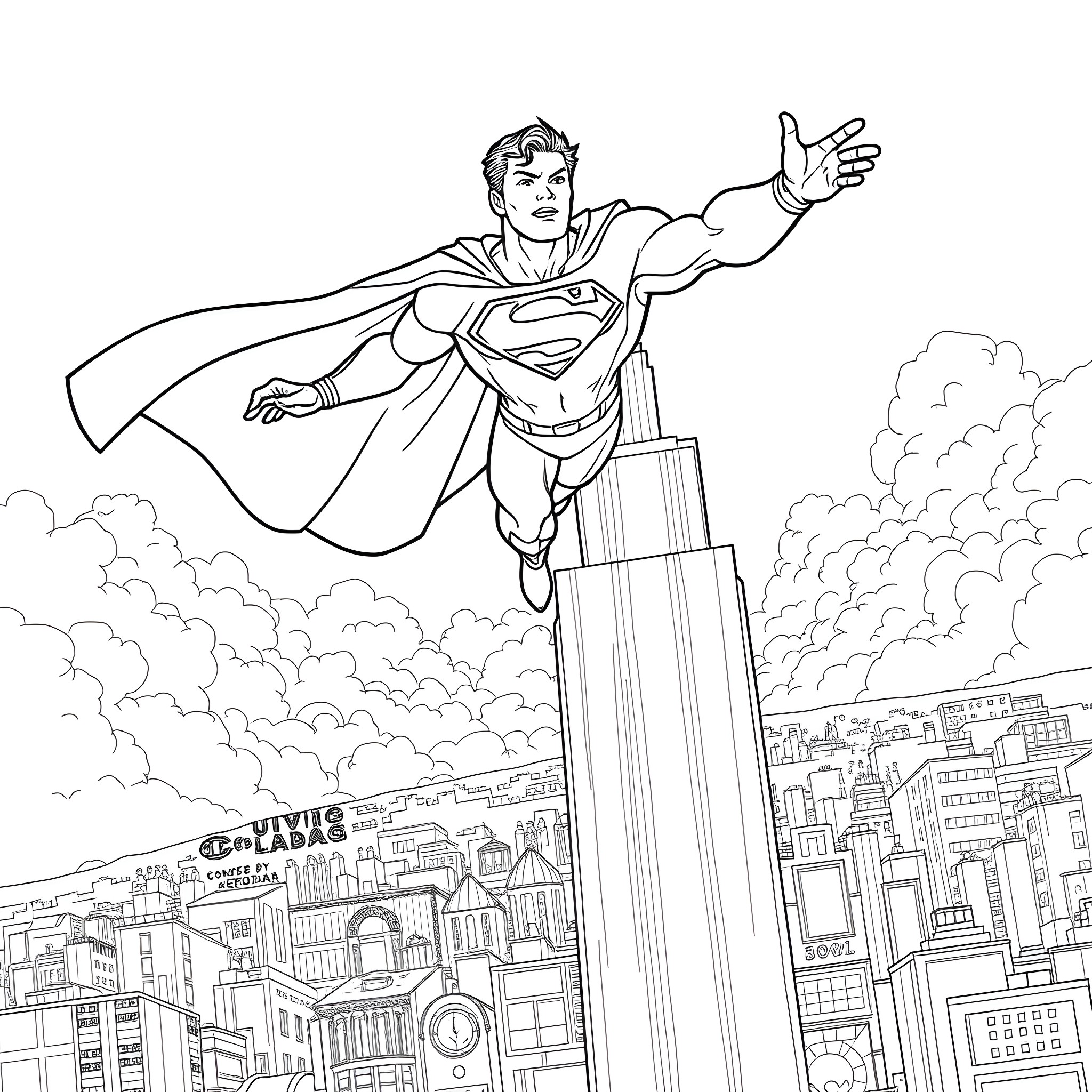Superman soaring heroically above the city skyline Coloring Page (free black-and-white line drawing printable PDF for all, from beginners to advanced learners, including children, teens, adults, and seniors)