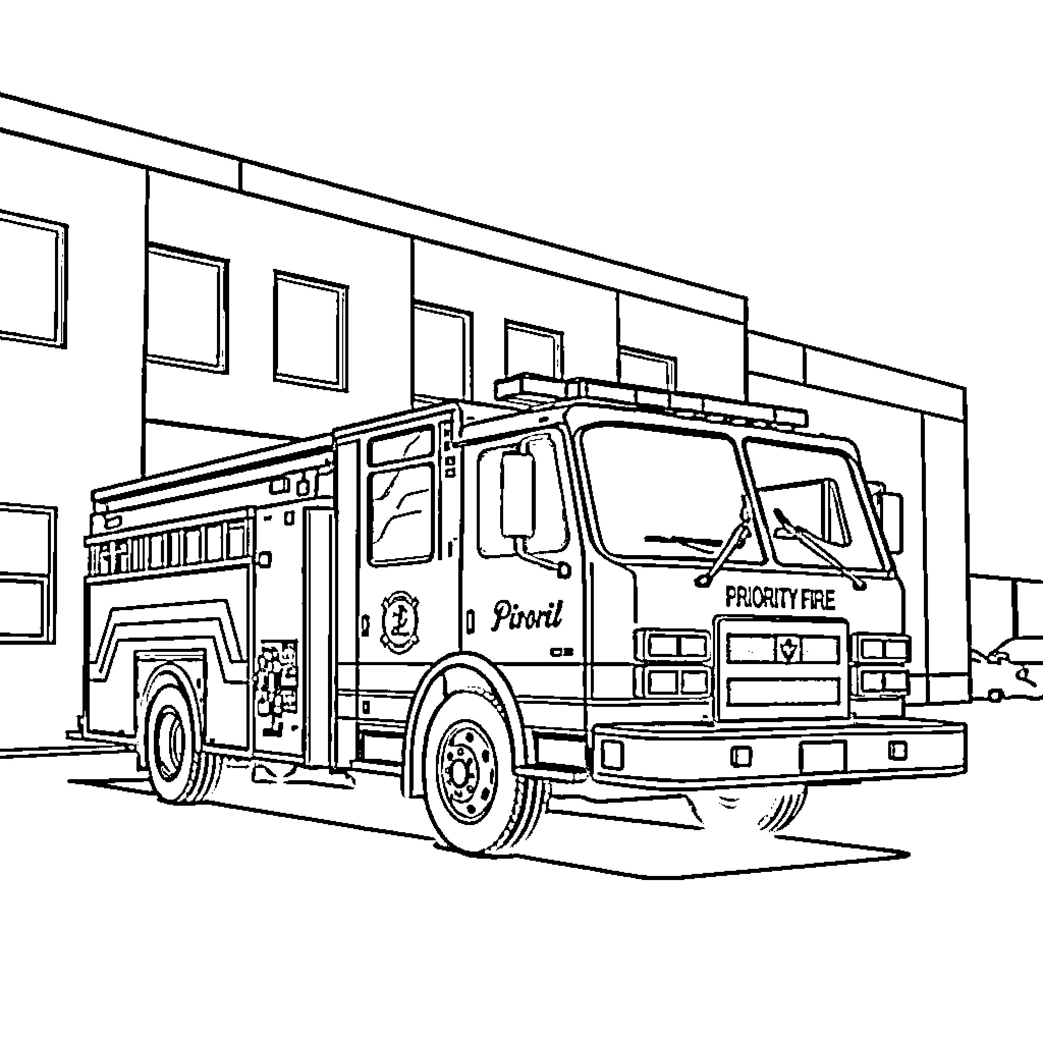 Truck responding to emergency call at building Coloring Page (free black-and-white line drawing printable PDF for all, from beginners to advanced learners, including children, teens, adults, and seniors)
