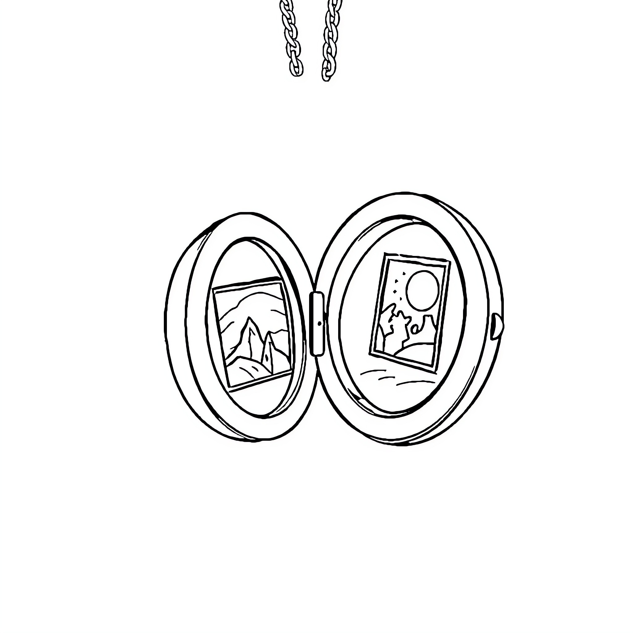 Locket with scenic images Coloring Page (free black-and-white line drawing printable PDF for all, from beginners to advanced learners, including children, teens, adults, and seniors)