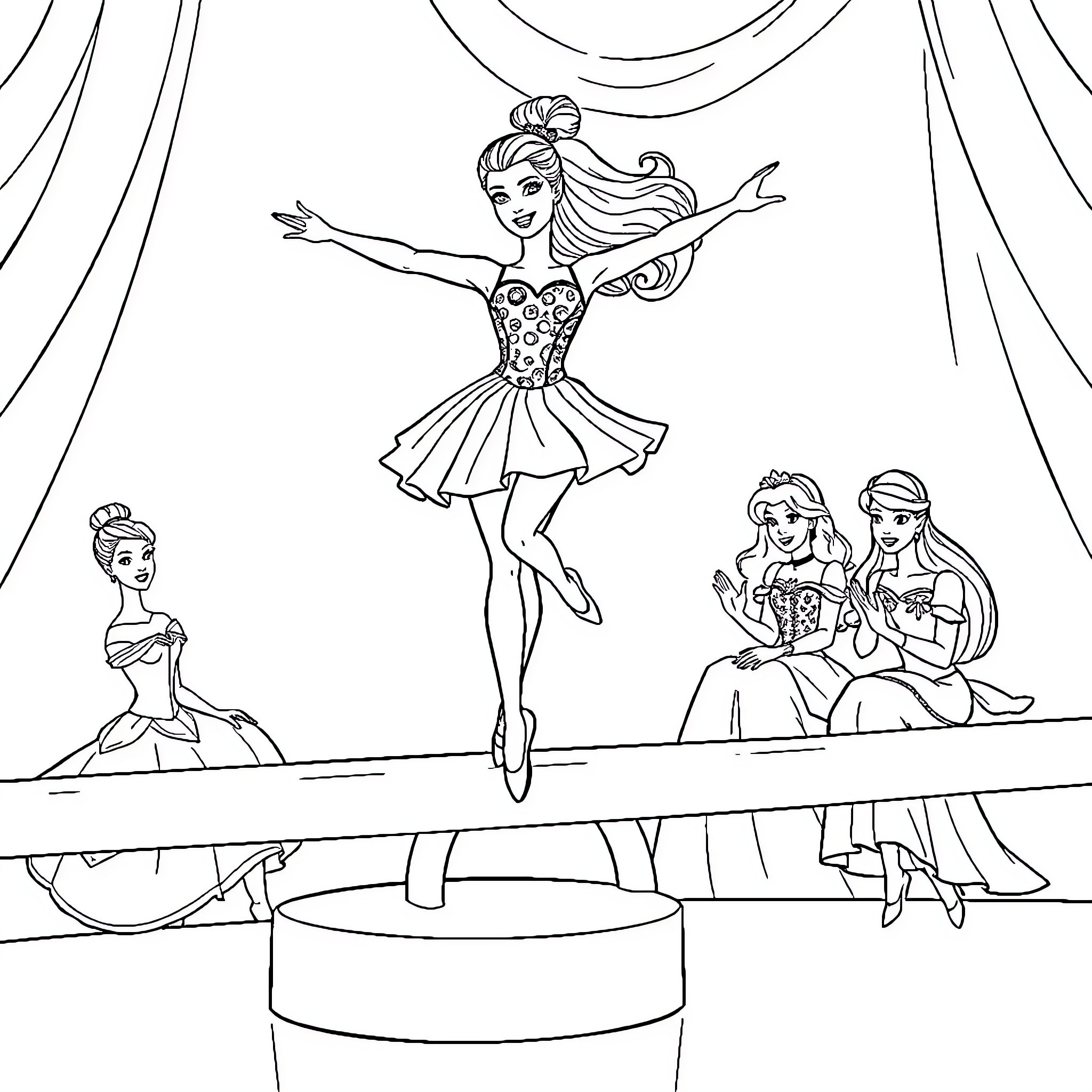 Barbie dancing on stage with friends Coloring Page (free black-and-white line drawing printable PDF for all, from beginners to advanced learners, including children, teens, adults, and seniors)
