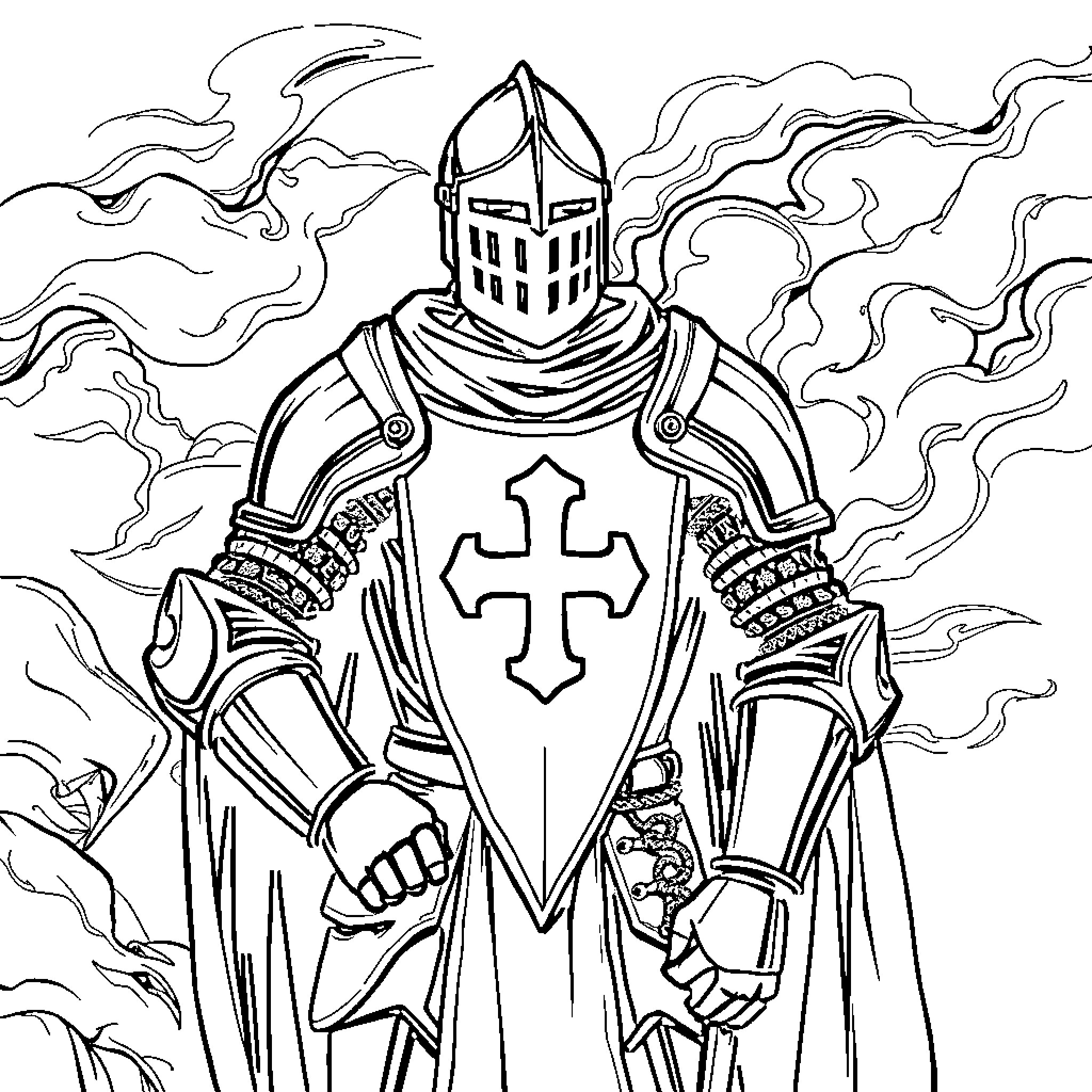 Knight in Shining Armor Defending the Faith Coloring Page (free black-and-white line drawing printable PDF for all, from beginners to advanced learners, including children, teens, adults, and seniors)