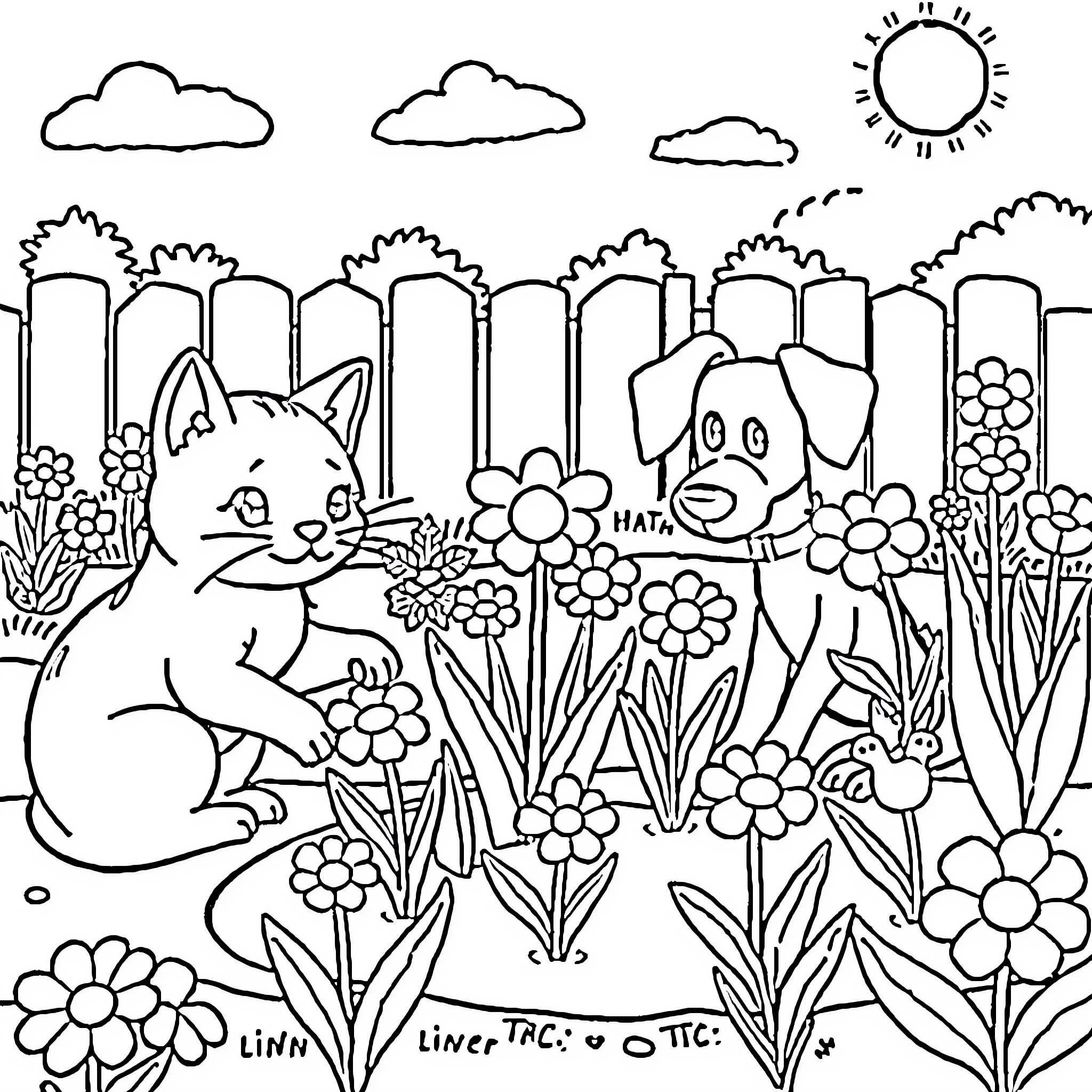 Cat and Dog Enjoy Colorful Flowers in Garden Coloring Page (free black-and-white line drawing printable PDF for all, from beginners to advanced learners, including children, teens, adults, and seniors)