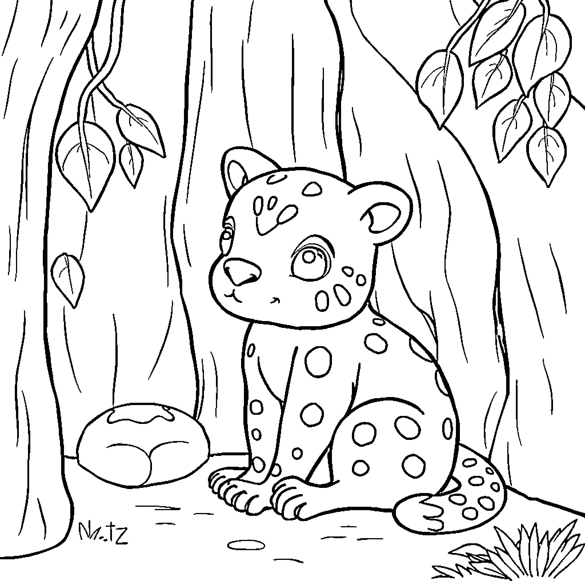 Labubu the spotted animal in the forest Coloring Page (free black-and-white line drawing printable PDF for all, from beginners to advanced learners, including children, teens, adults, and seniors)