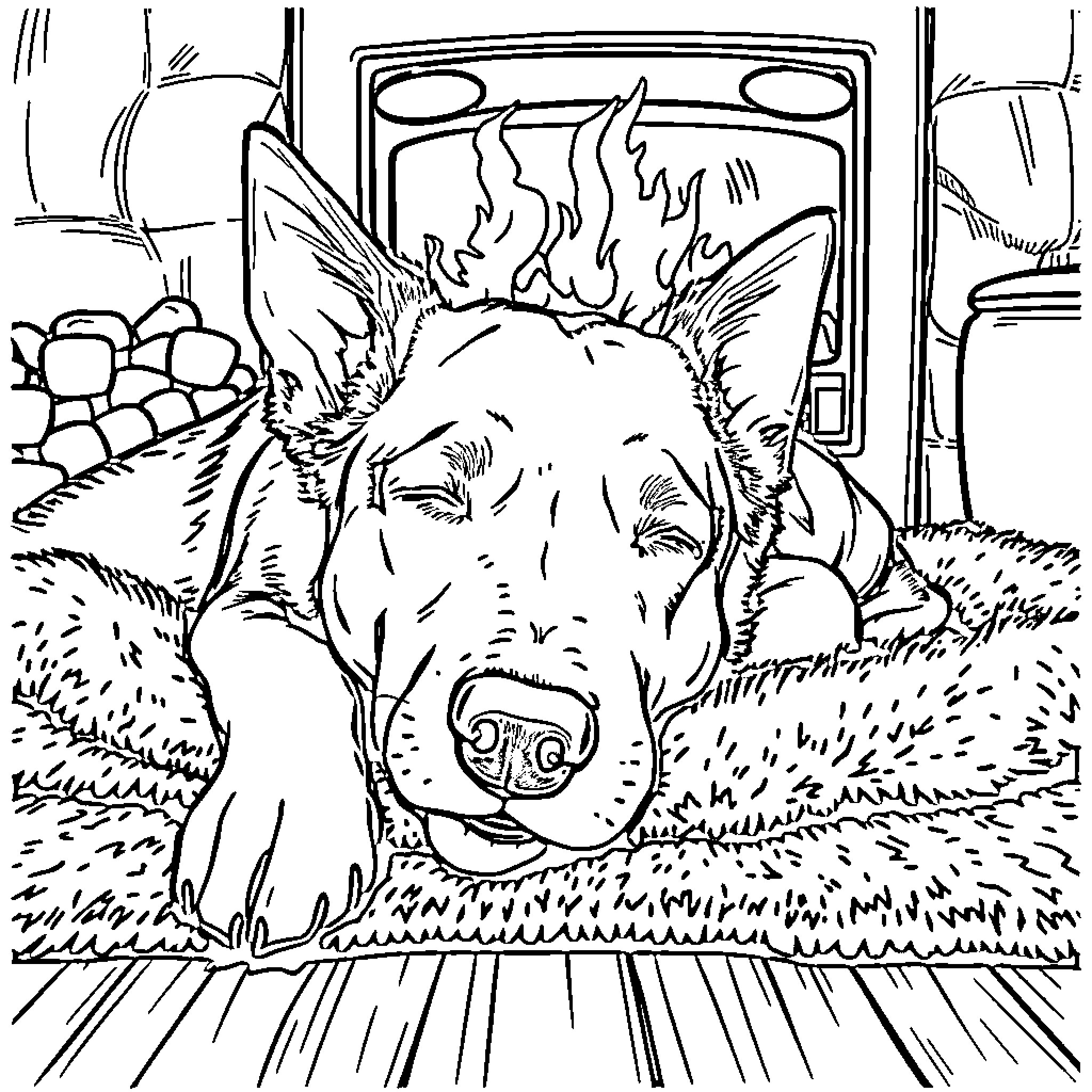 Cattle Dog relaxing in cozy home Coloring Page (free black-and-white line drawing printable PDF for all, from beginners to advanced learners, including children, teens, adults, and seniors)