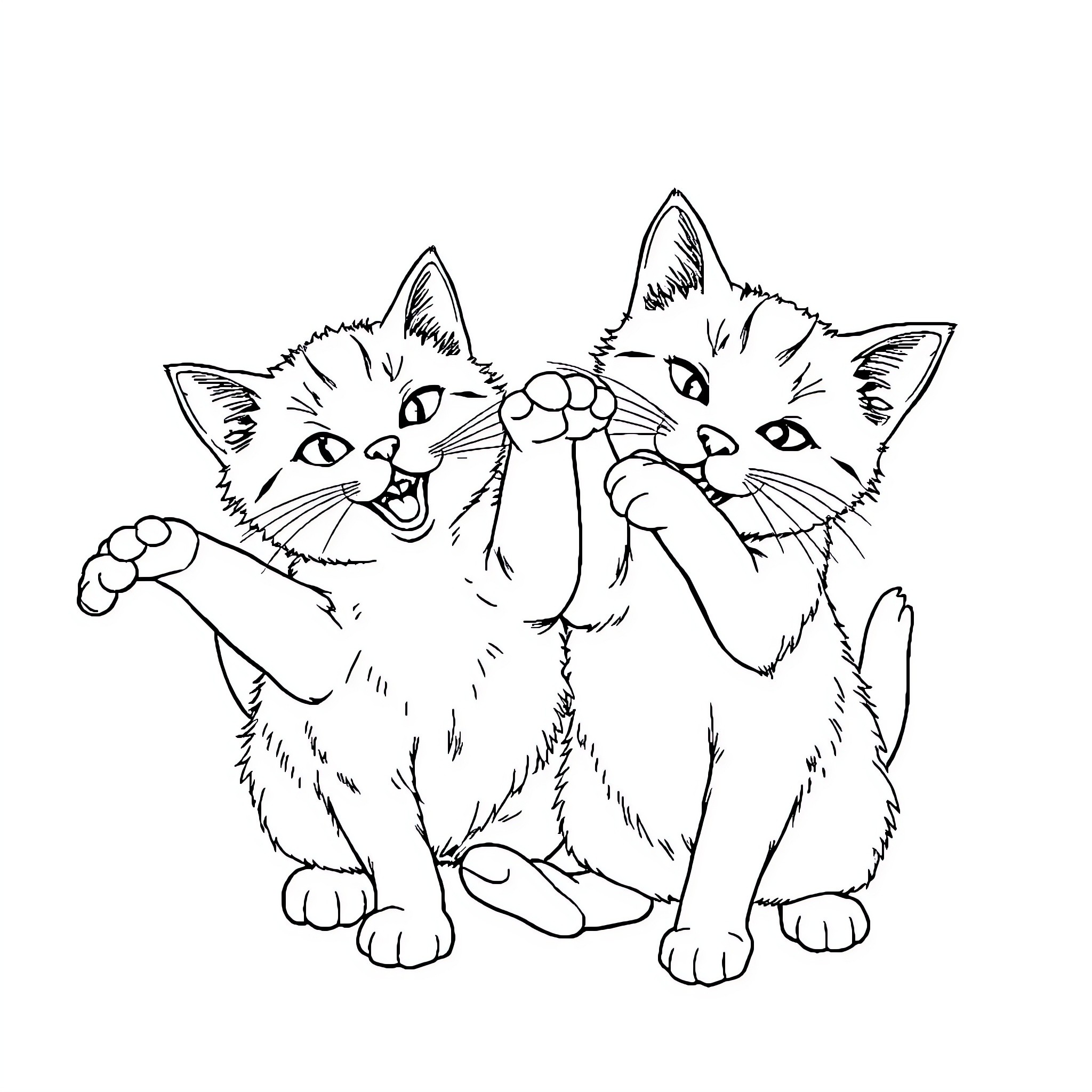 Cat friends playing together Coloring Page (free black-and-white line drawing printable PDF for all, from beginners to advanced learners, including children, teens, adults, and seniors)