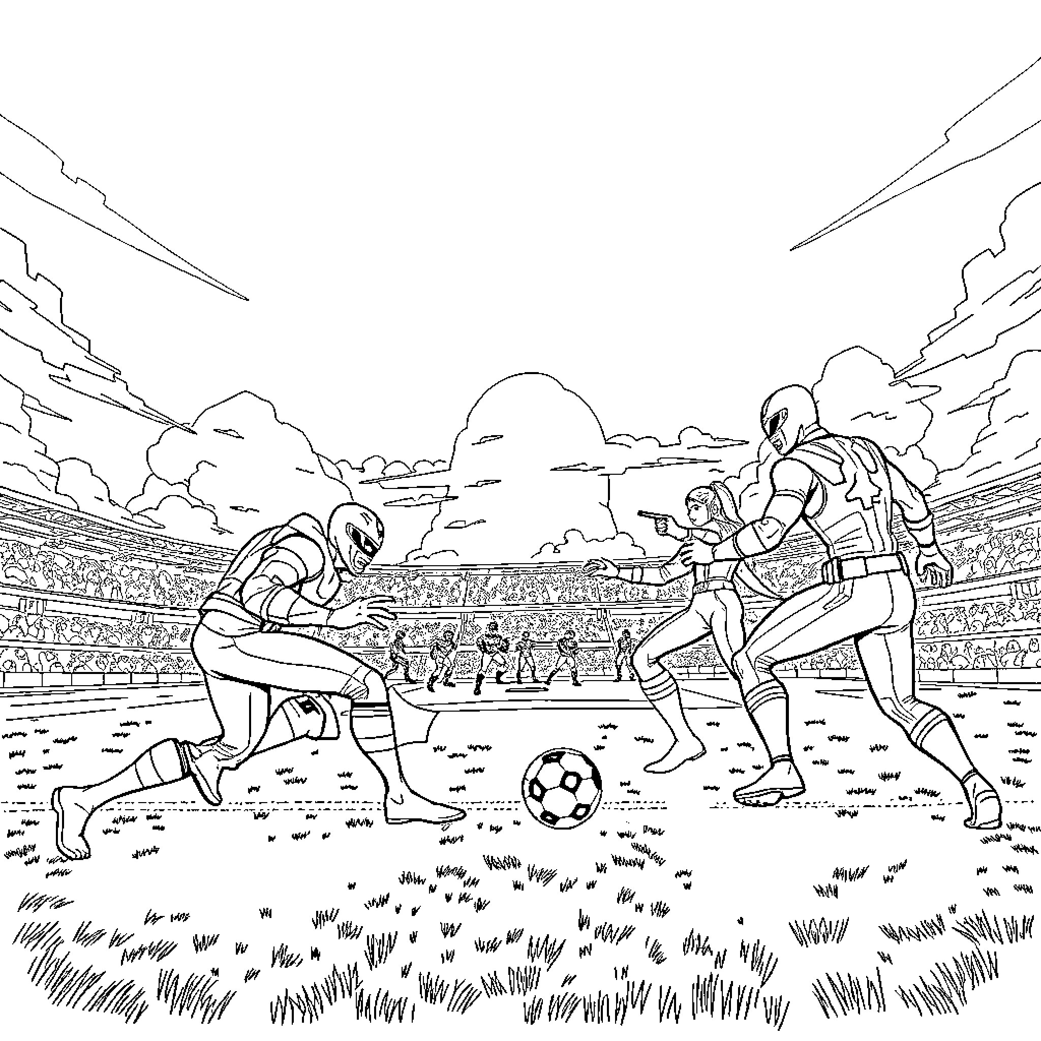 Avengers Soccer Match in the Stadium Coloring Page (free black-and-white line drawing printable PDF for all, from beginners to advanced learners, including children, teens, adults, and seniors)