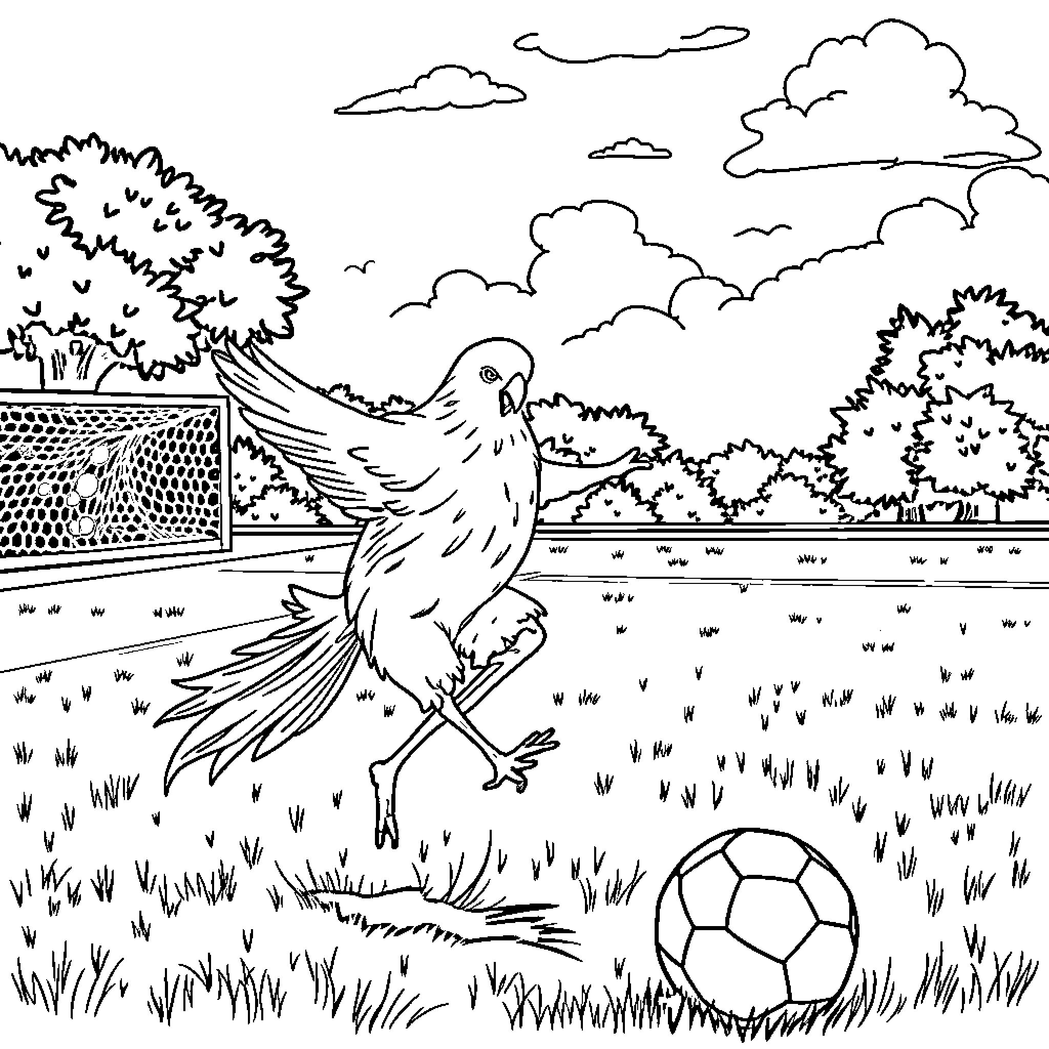 Huevo playing joyfully with soccer ball in the park Coloring Page (free black-and-white line drawing printable PDF for all, from beginners to advanced learners, including children, teens, adults, and seniors)