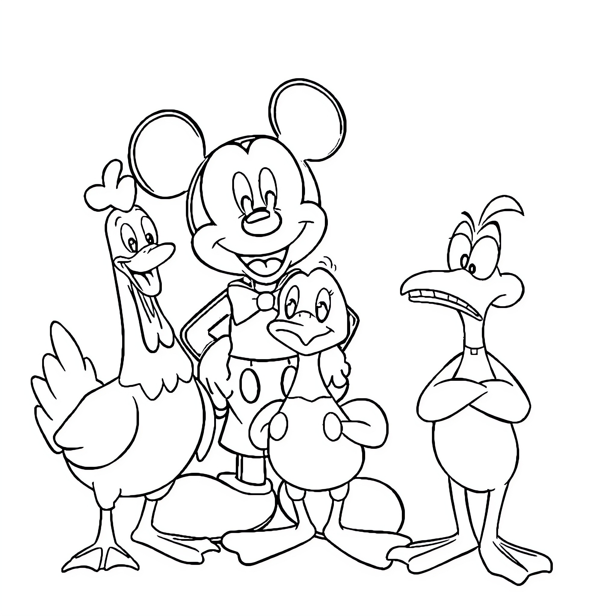 Animal cartoon characters in playful poses Coloring Page (free black-and-white line drawing printable PDF for all, from beginners to advanced learners, including children, teens, adults, and seniors)
