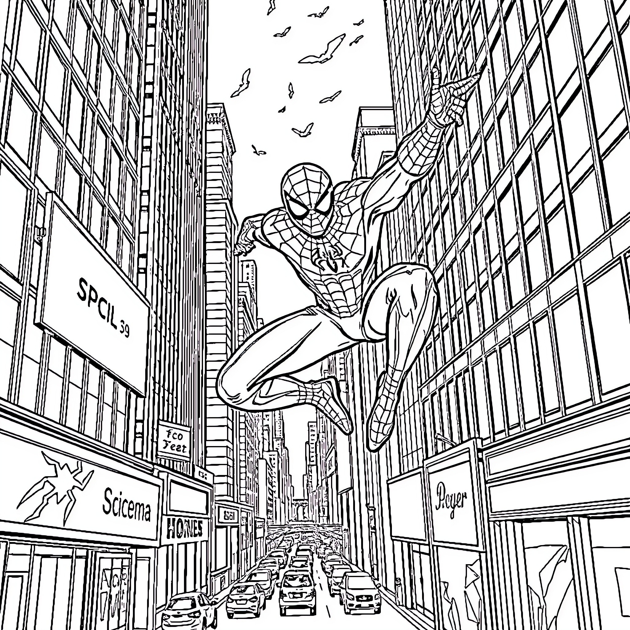 Spider-Man Swinging Through the City Skyline Coloring Page (free black-and-white line drawing printable PDF for all, from beginners to advanced learners, including children, teens, adults, and seniors)