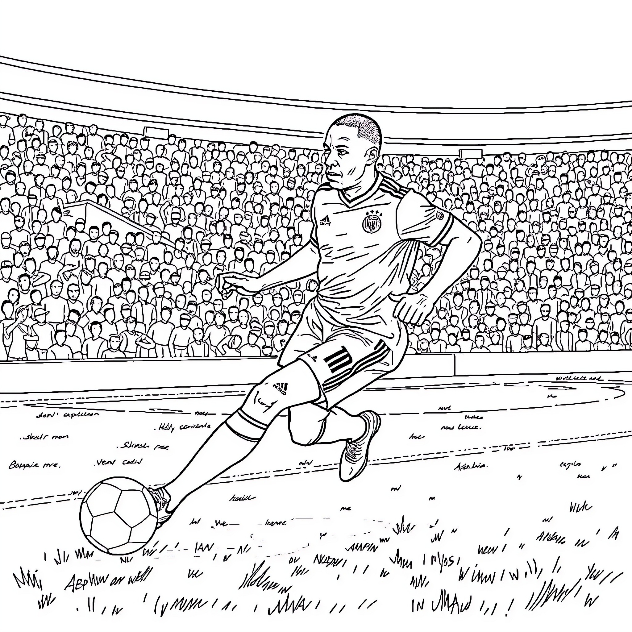 Mbappe's Electrifying Football Performance on the Pitch Coloring Page (free black-and-white line drawing printable PDF for all, from beginners to advanced learners, including children, teens, adults, and seniors)
