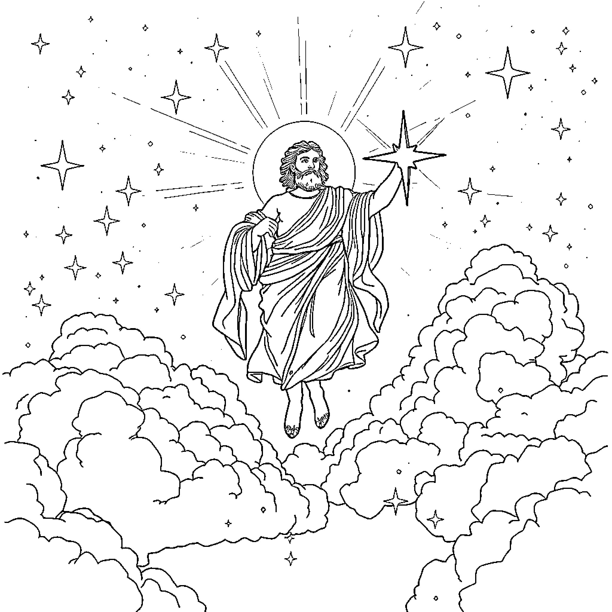 Pythagoras Ascending to the Celestial Realm Coloring Page (free black-and-white line drawing printable PDF for all, from beginners to advanced learners, including children, teens, adults, and seniors)