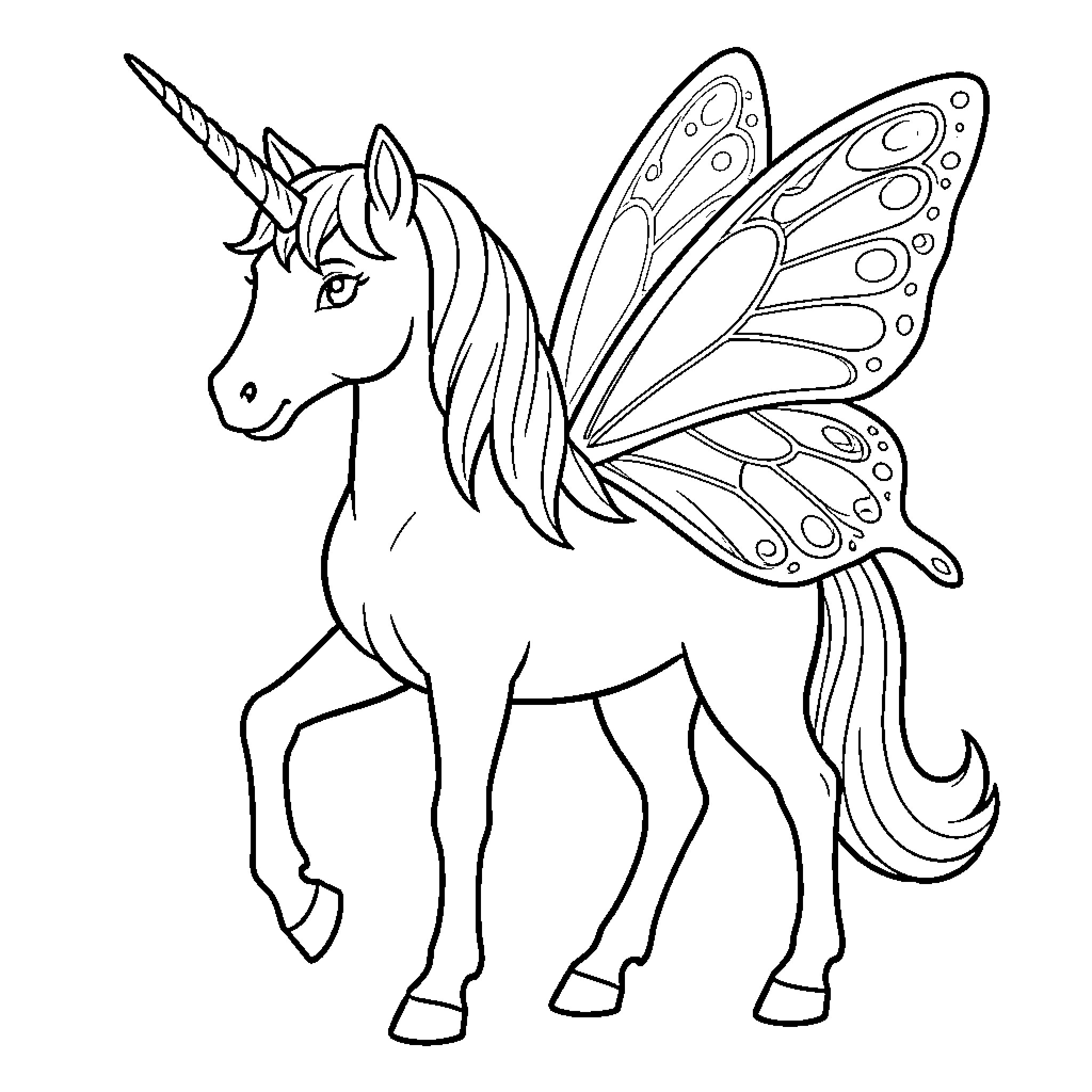 Unicorn Butterfly standing gracefully with large wings Coloring Page (free black-and-white line drawing printable PDF for all, from beginners to advanced learners, including children, teens, adults, and seniors)