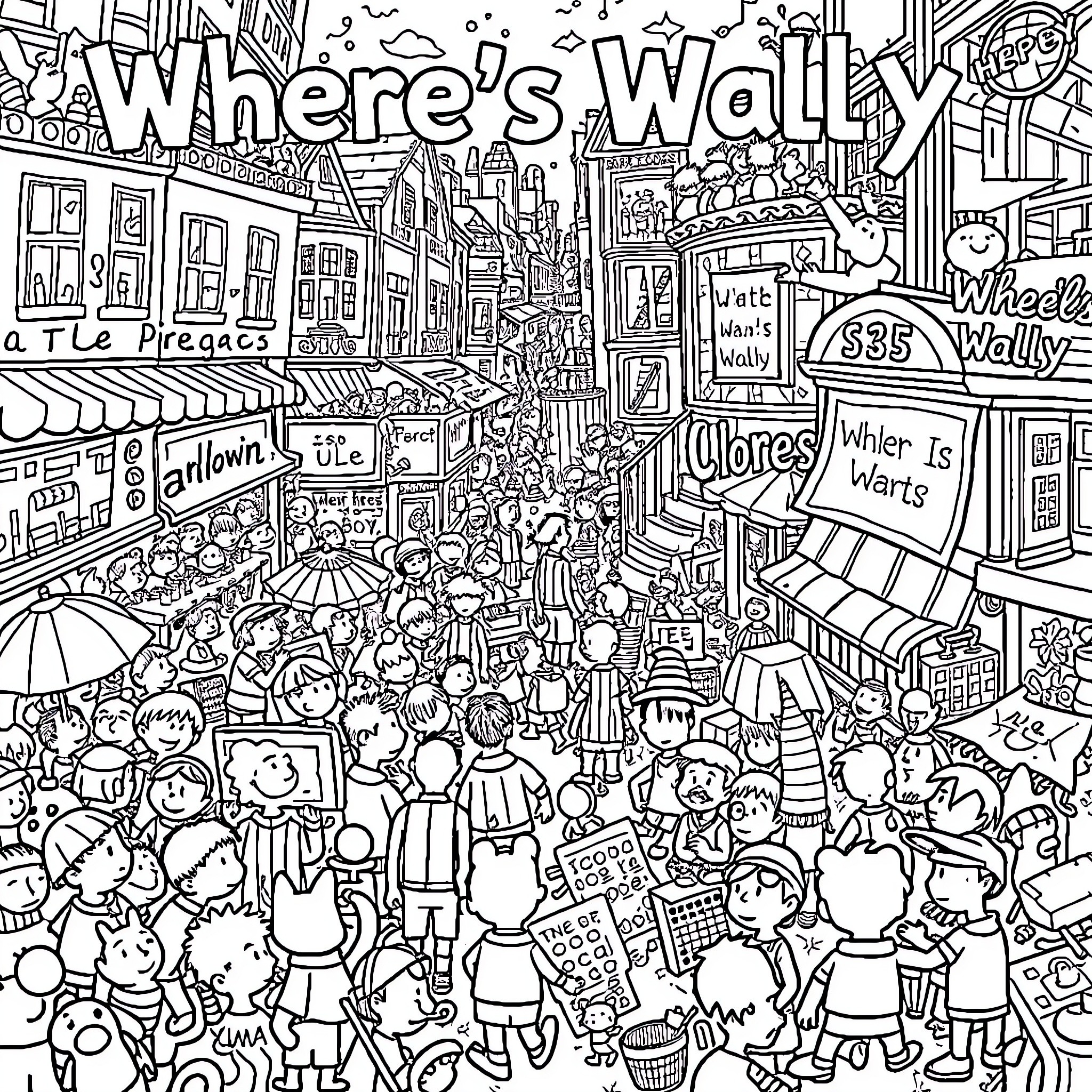 Wally's Busy Day in the Bustling City Coloring Page (free black-and-white line drawing printable PDF for all, from beginners to advanced learners, including children, teens, adults, and seniors)