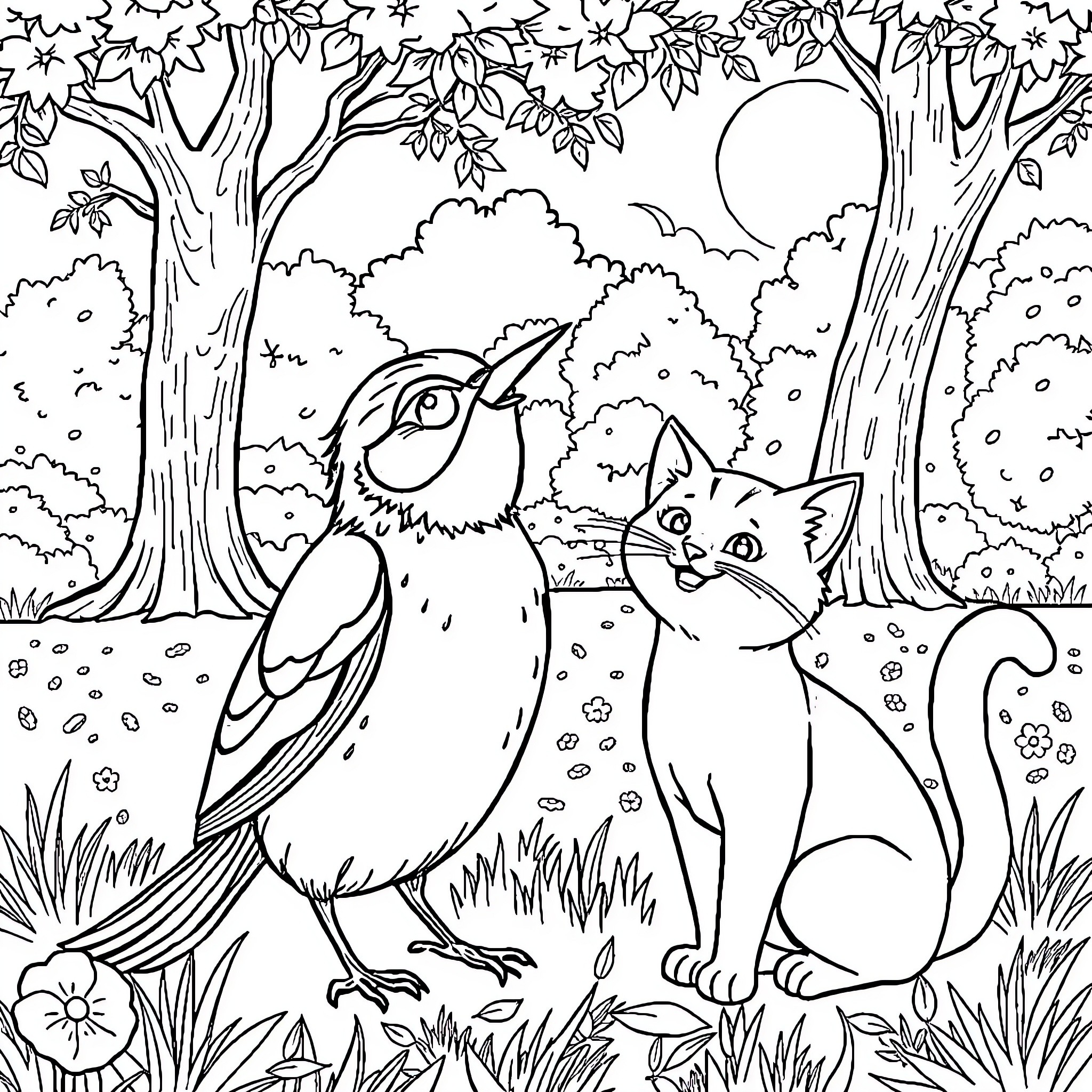 Patrol through the lush forest by curious creatures Coloring Page (free black-and-white line drawing printable PDF for all, from beginners to advanced learners, including children, teens, adults, and seniors)