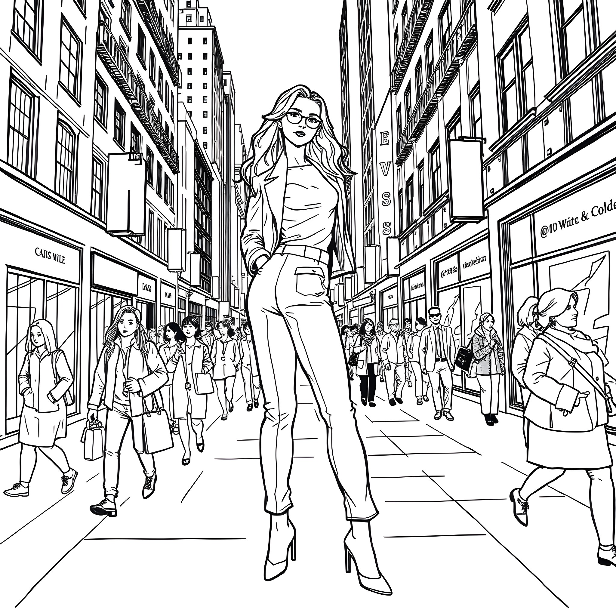 Woman strolling confidently through busy city street Coloring Page (free black-and-white line drawing printable PDF for all, from beginners to advanced learners, including children, teens, adults, and seniors)
