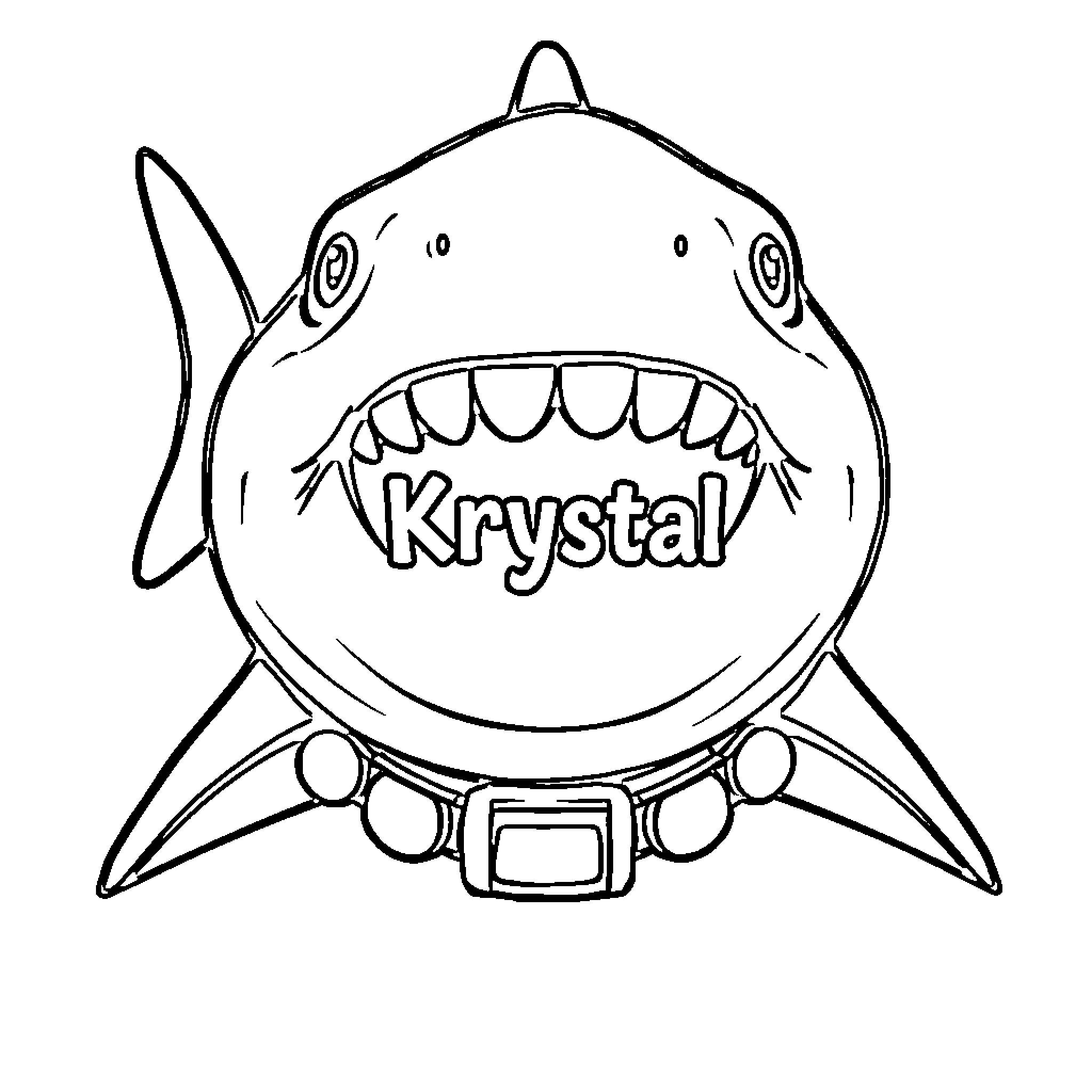 Shark with Krystal name tag Coloring Page (free black-and-white line drawing printable PDF for all, from beginners to advanced learners, including children, teens, adults, and seniors)