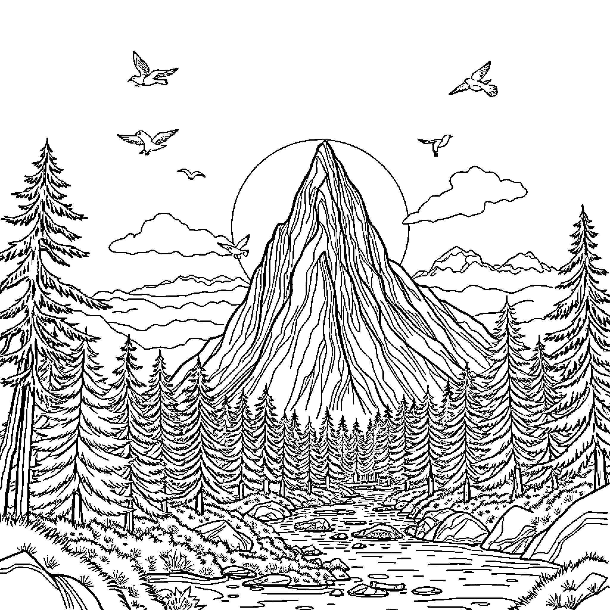Mountain scenic landscape with pine trees and birds Coloring Page (free black-and-white line drawing printable PDF for all, from beginners to advanced learners, including children, teens, adults, and seniors)