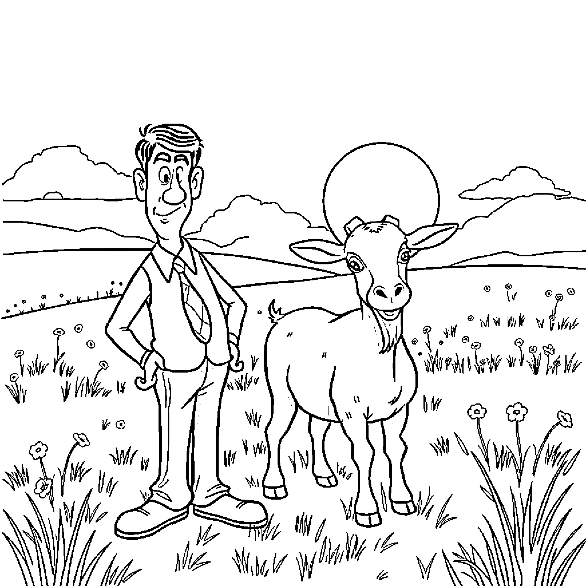 Mr Bean's Countryside Adventure with a Goat Coloring Page (free black-and-white line drawing printable PDF for all, from beginners to advanced learners, including children, teens, adults, and seniors)
