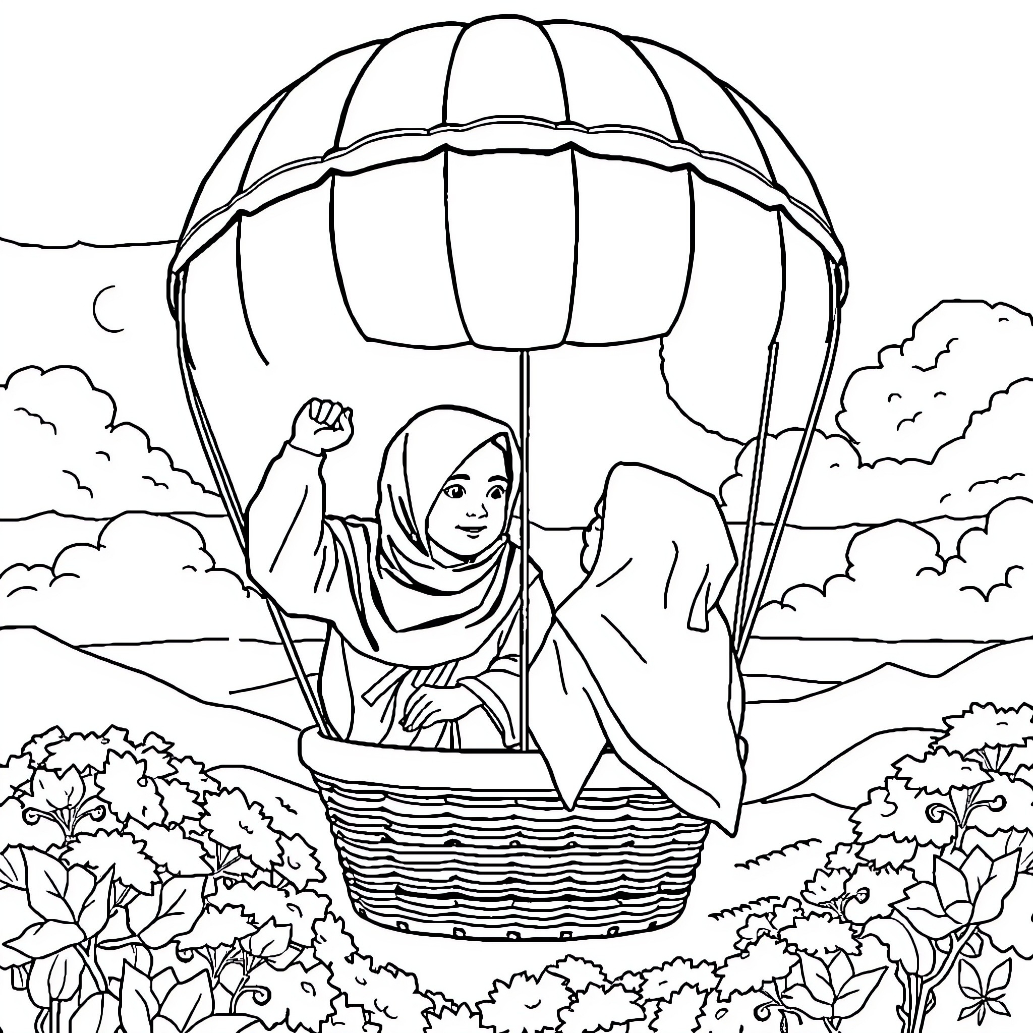 Balonudara: Woman soaring in a hot air balloon Coloring Page (free black-and-white line drawing printable PDF for all, from beginners to advanced learners, including children, teens, adults, and seniors)
