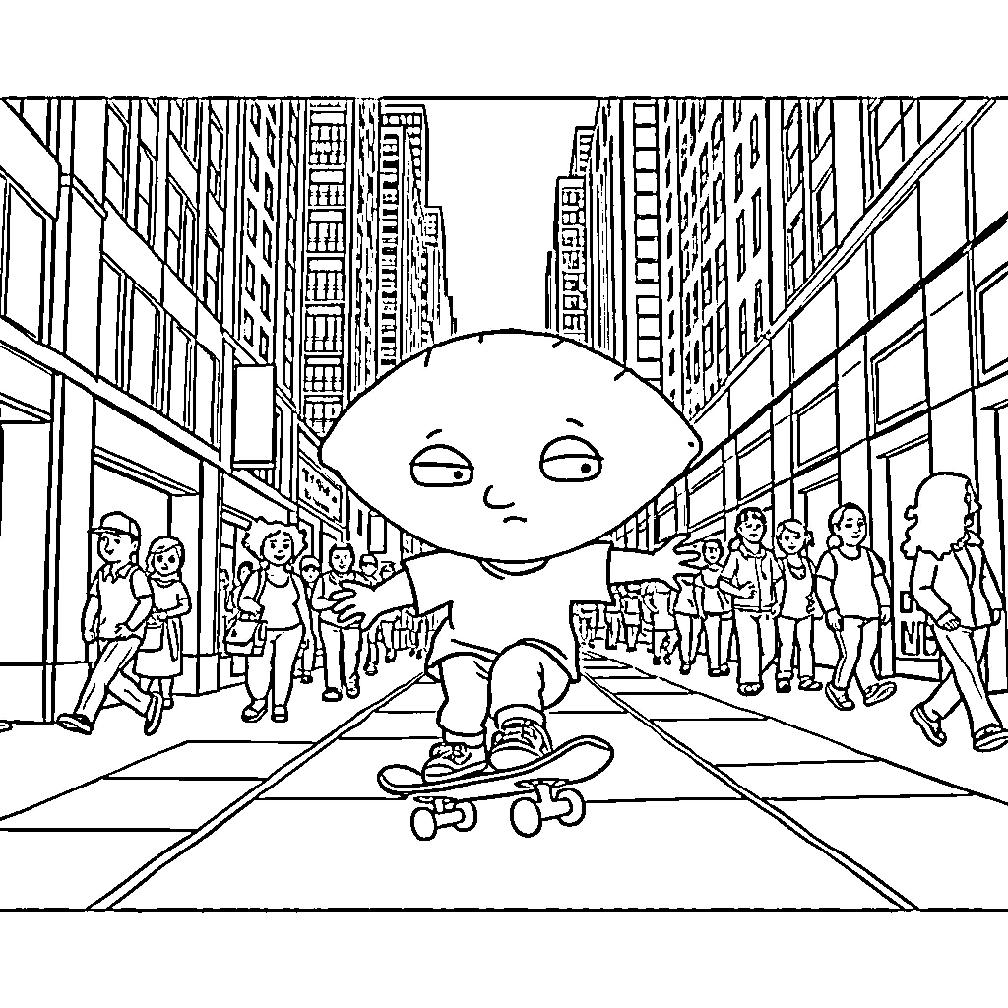 Stewie Griffin skateboarding in the city Coloring Page (free black-and-white line drawing printable PDF for all, from beginners to advanced learners, including children, teens, adults, and seniors)