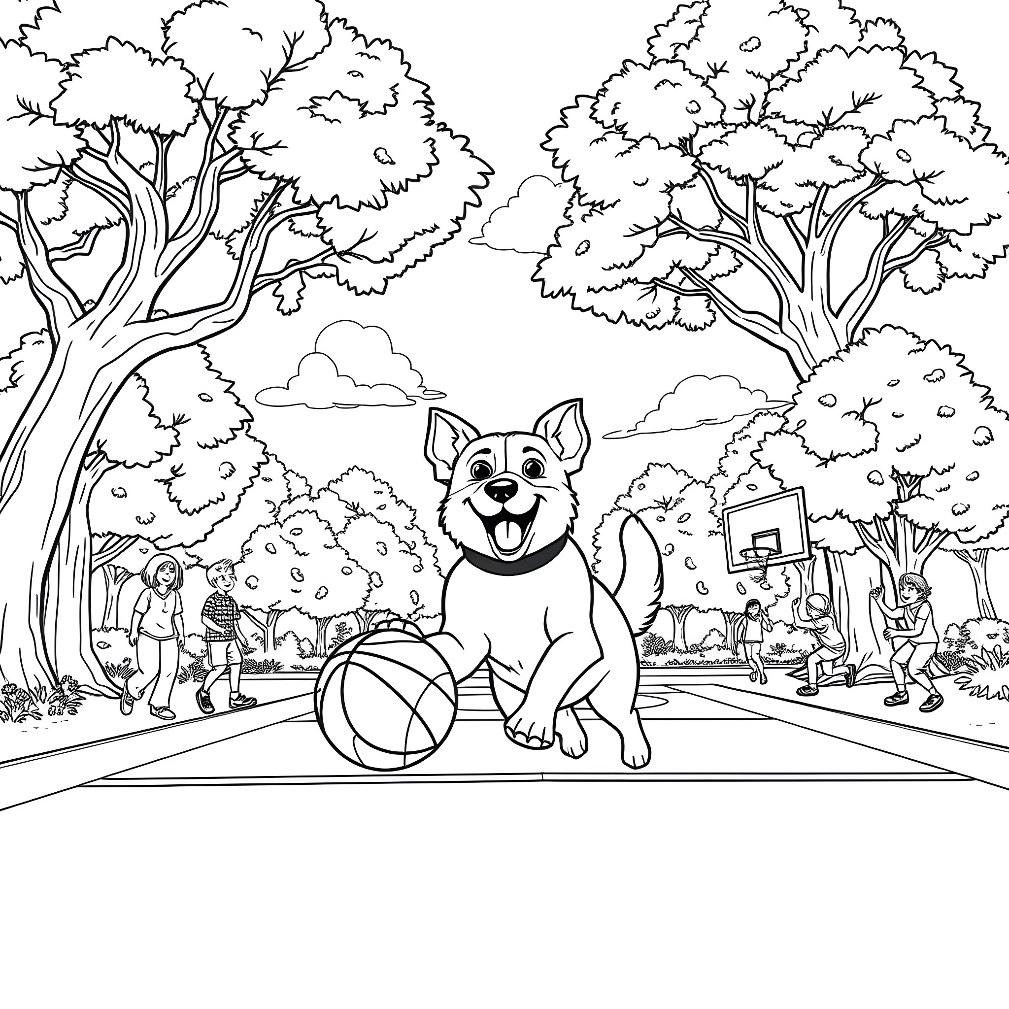 Dog playing happily with basketball in the park Coloring Page (free black-and-white line drawing printable PDF for all, from beginners to advanced learners, including children, teens, adults, and seniors)