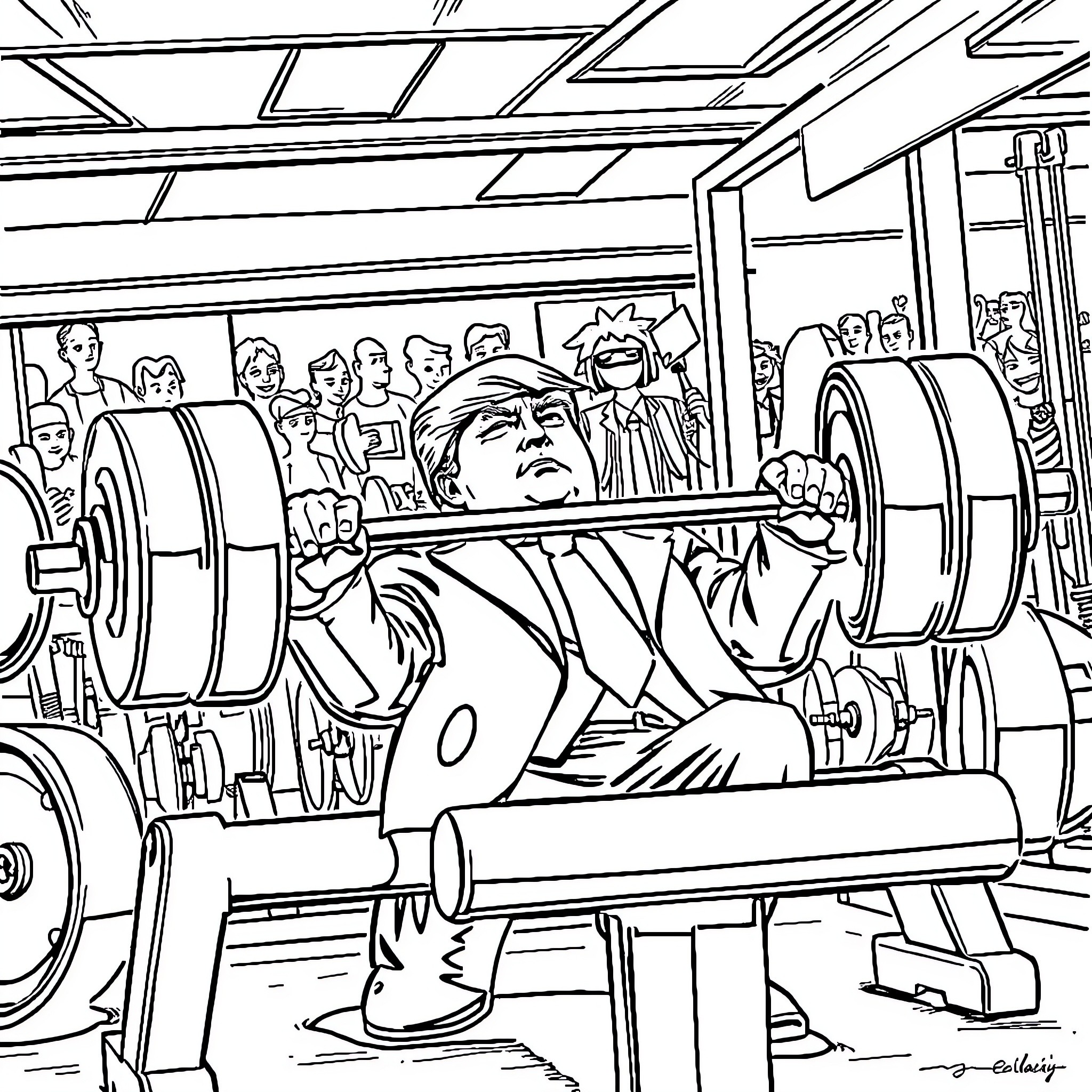 Trump Lifting Weights in a Crowded Gym Coloring Page (free black-and-white line drawing printable PDF for all, from beginners to advanced learners, including children, teens, adults, and seniors)