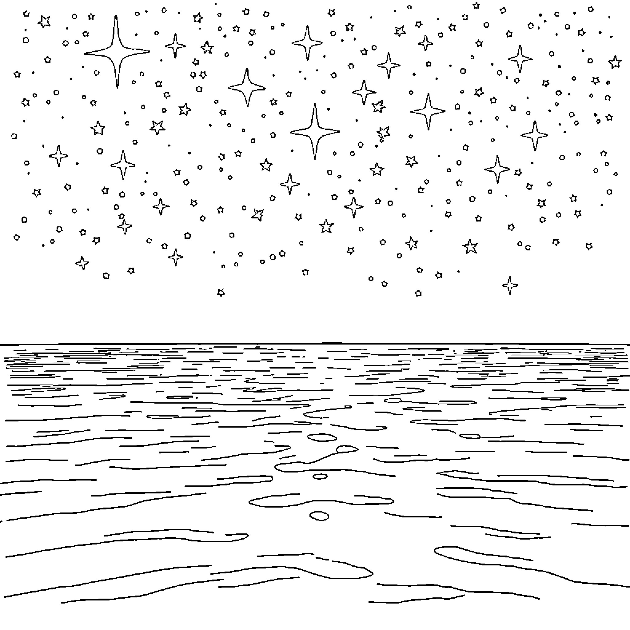 Star-filled night sky over a tranquil ocean Coloring Page (free black-and-white line drawing printable PDF for all, from beginners to advanced learners, including children, teens, adults, and seniors)