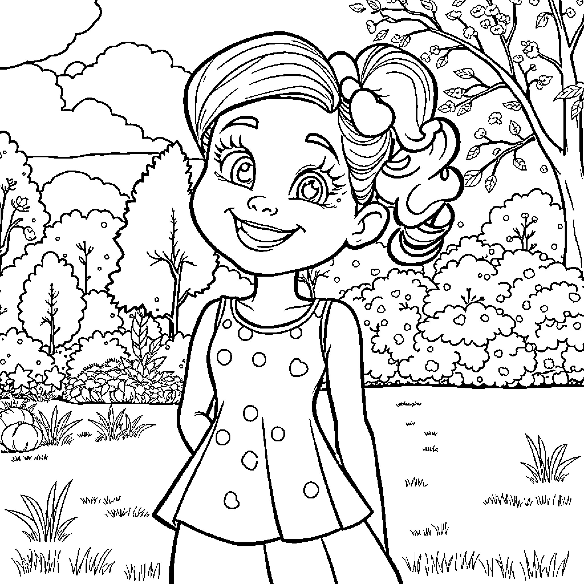 Gigi's Happy Stroll in Nature's Embrace Coloring Page (free black-and-white line drawing printable PDF for all, from beginners to advanced learners, including children, teens, adults, and seniors)