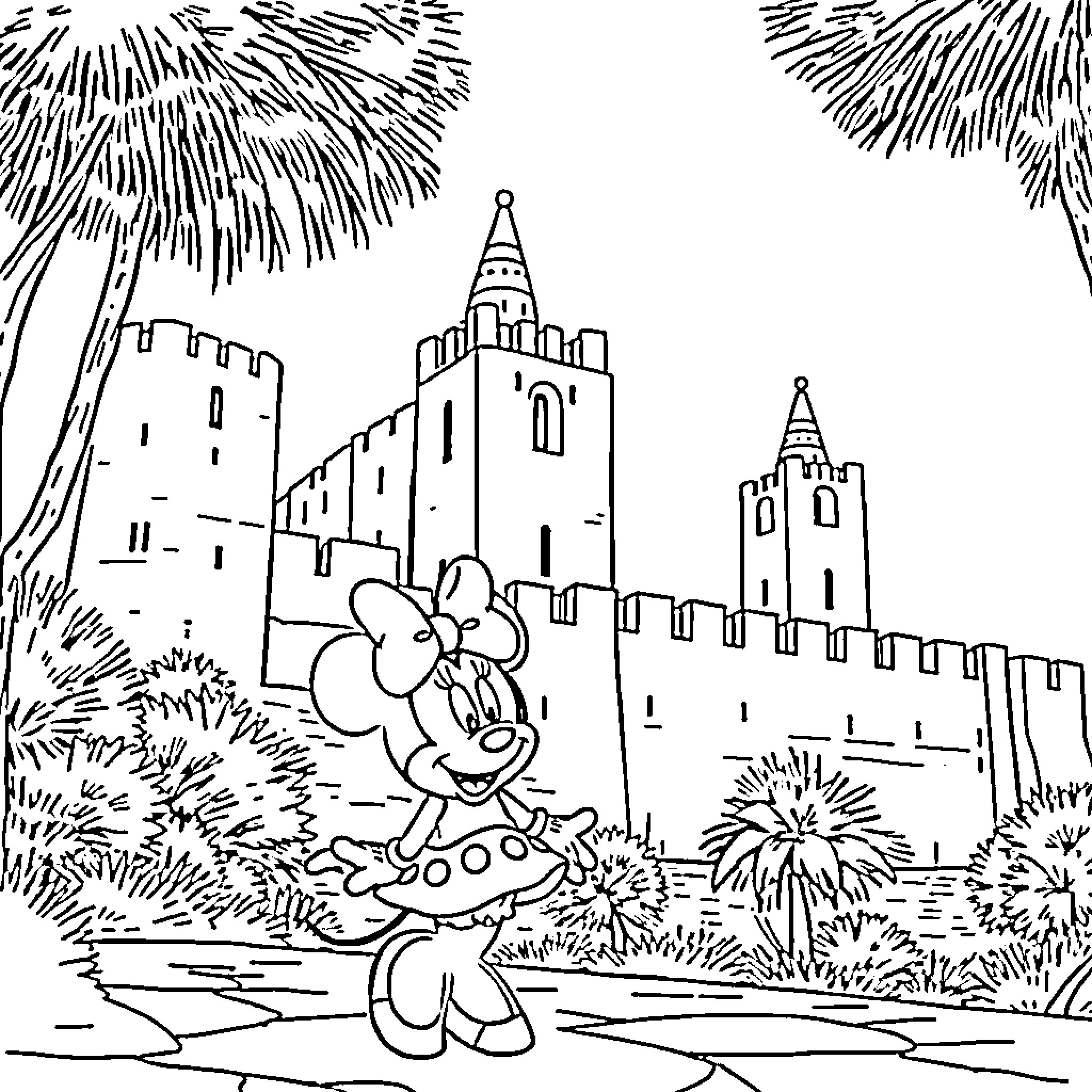 Minnie enjoying the fireworks in front of a castle Coloring Page (free black-and-white line drawing printable PDF for all, from beginners to advanced learners, including children, teens, adults, and seniors)