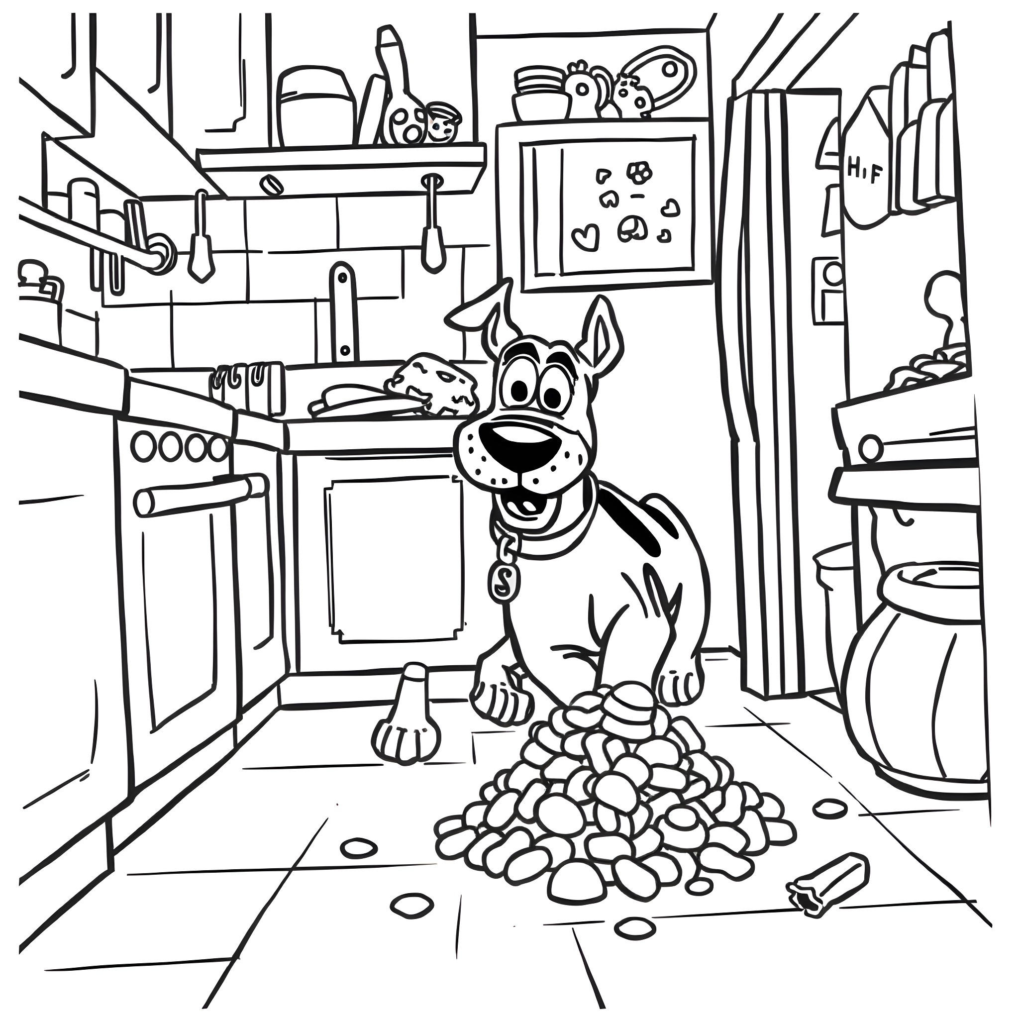 Scooby Doo's Messy Kitchen Adventure Coloring Page (free black-and-white line drawing printable PDF for all, from beginners to advanced learners, including children, teens, adults, and seniors)