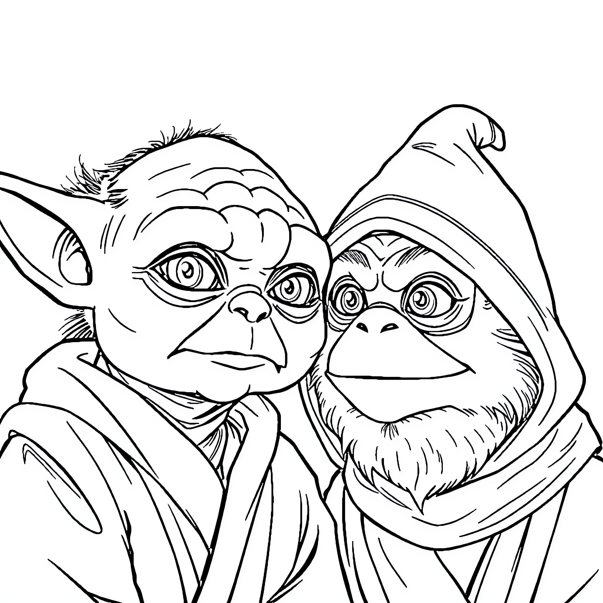 Yoda and Wicket in Action Coloring Page (free black-and-white line drawing printable PDF for all, from beginners to advanced learners, including children, teens, adults, and seniors)