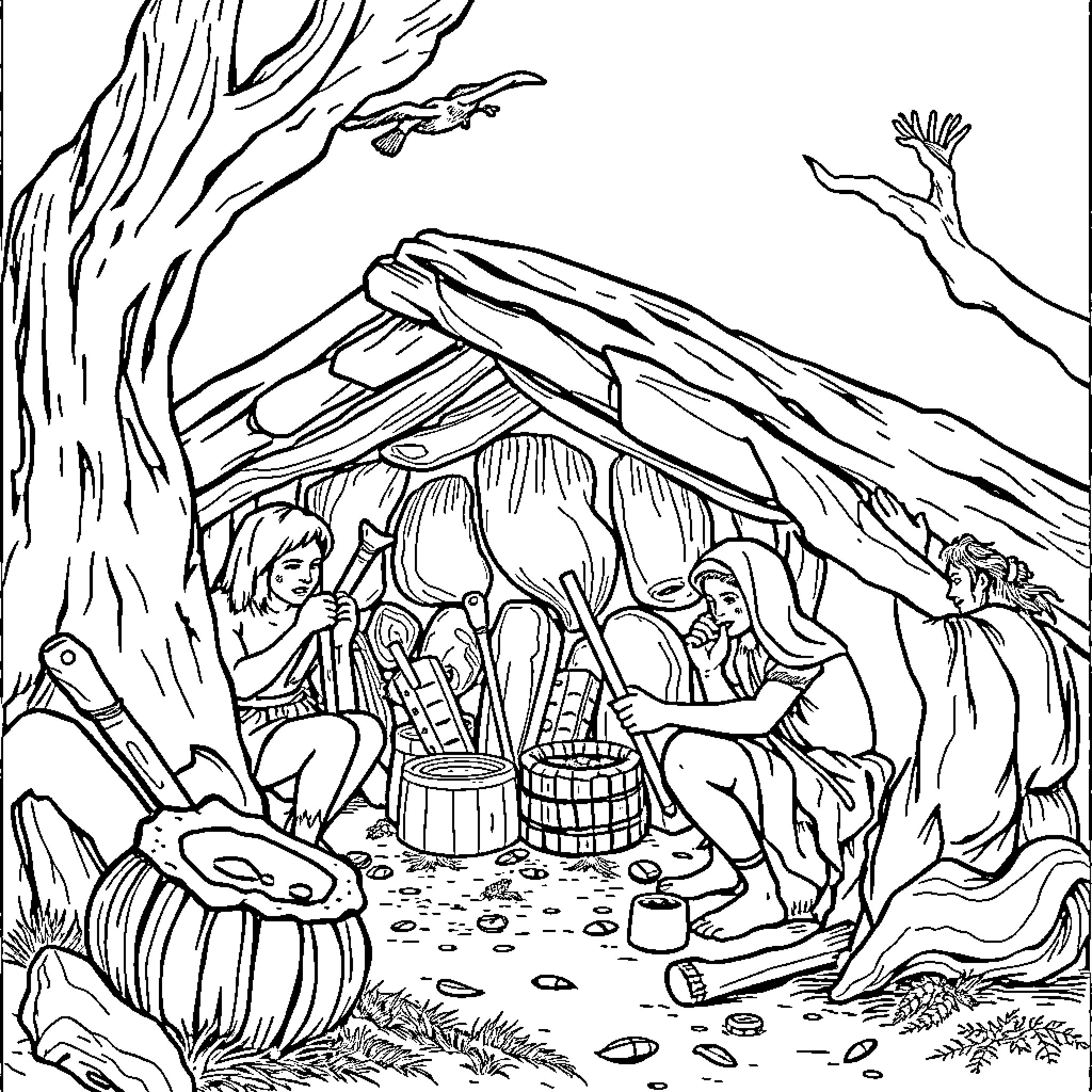Human scene of people gathering in an outdoor shelter Coloring Page (free black-and-white line drawing printable PDF for all, from beginners to advanced learners, including children, teens, adults, and seniors)
