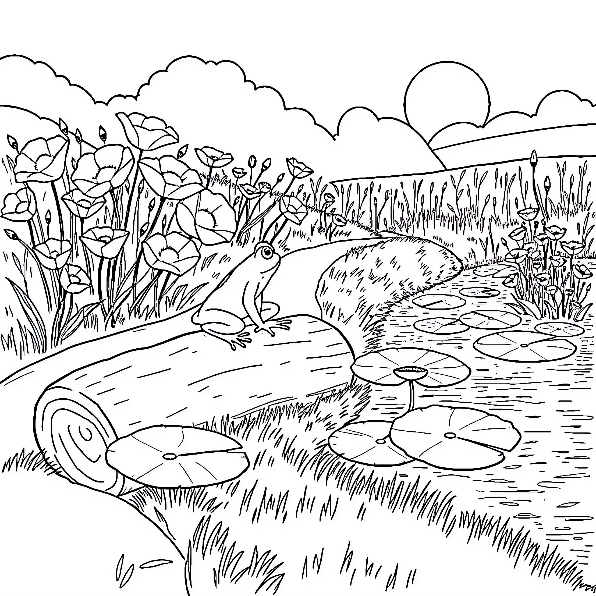 Frog resting on a log in a serene pond Coloring Page (free black-and-white line drawing printable PDF for all, from beginners to advanced learners, including children, teens, adults, and seniors)