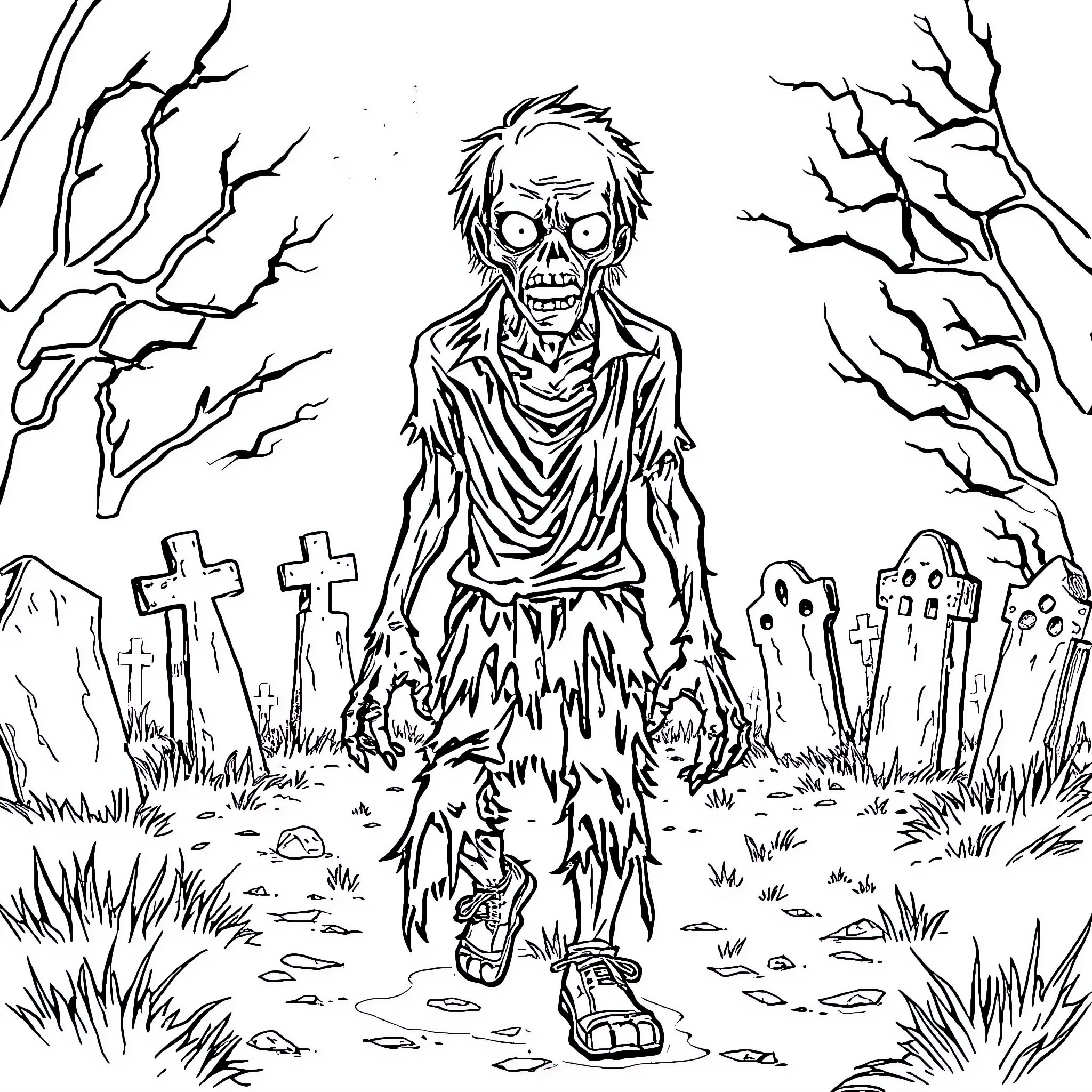 Zombie Stalking Through a Graveyard Coloring Page (free black-and-white line drawing printable PDF for all, from beginners to advanced learners, including children, teens, adults, and seniors)