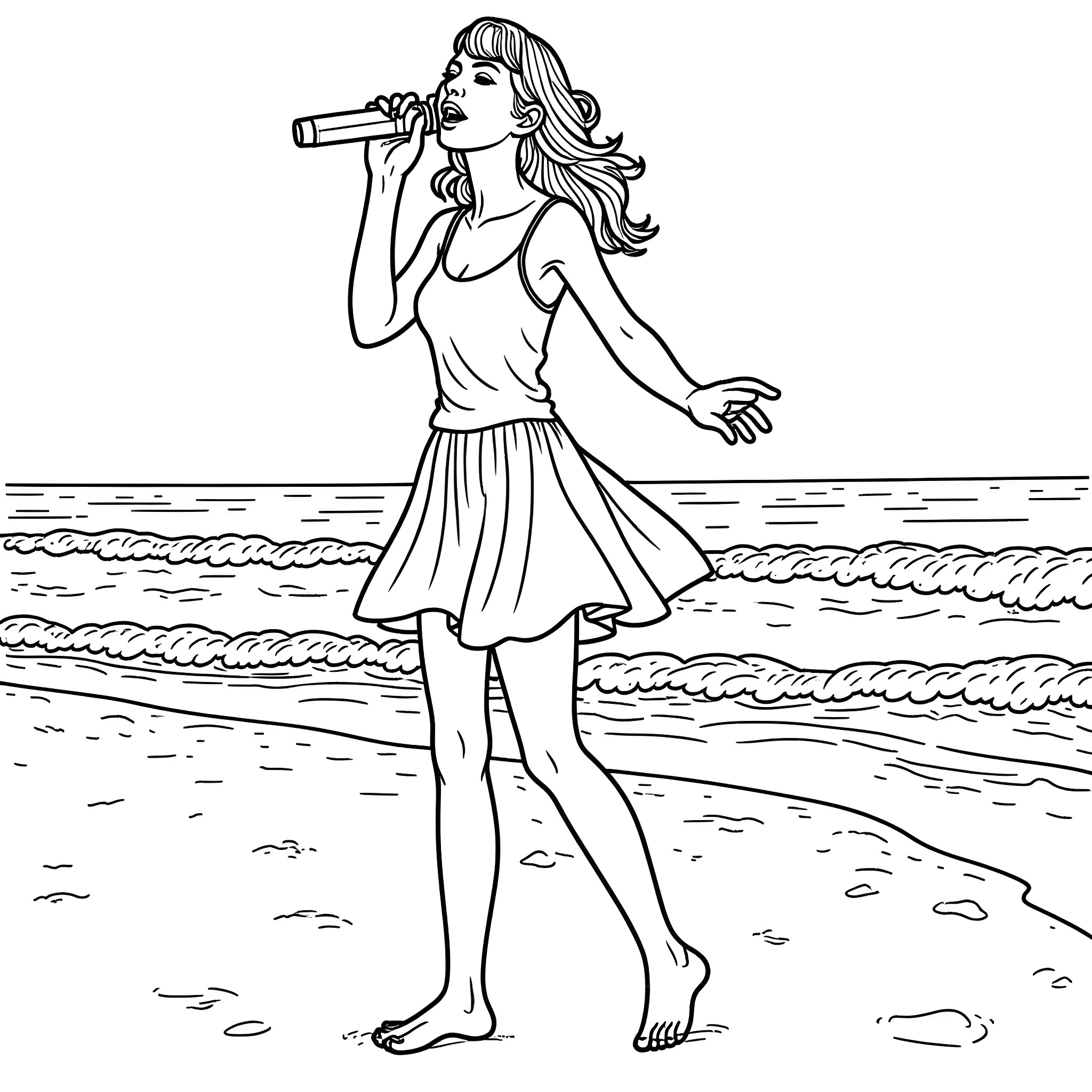 Taylor Swift singing at the beach Coloring Page (free black-and-white line drawing printable PDF for all, from beginners to advanced learners, including children, teens, adults, and seniors)