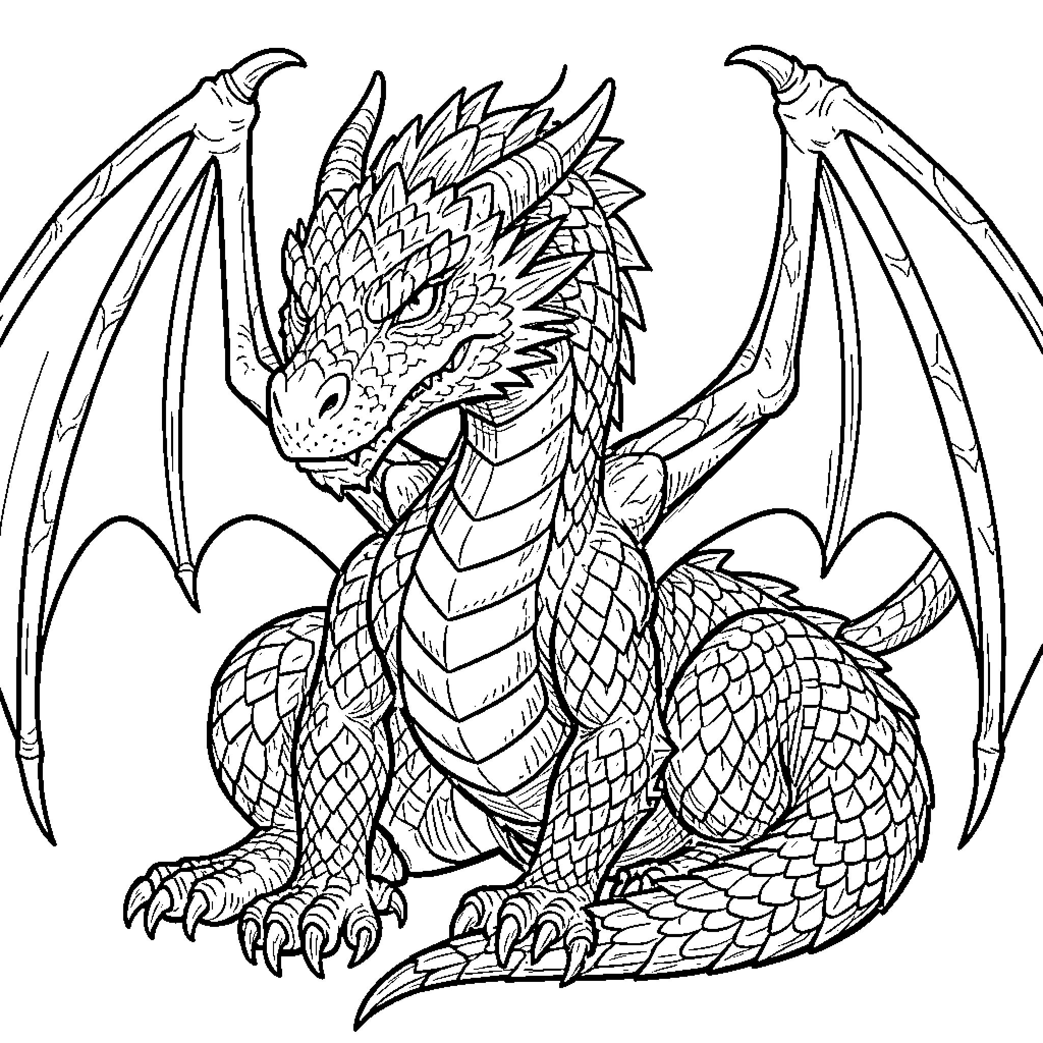 Dragon guarding its treasure in detailed illustration Coloring Page (free black-and-white line drawing printable PDF for all, from beginners to advanced learners, including children, teens, adults, and seniors)