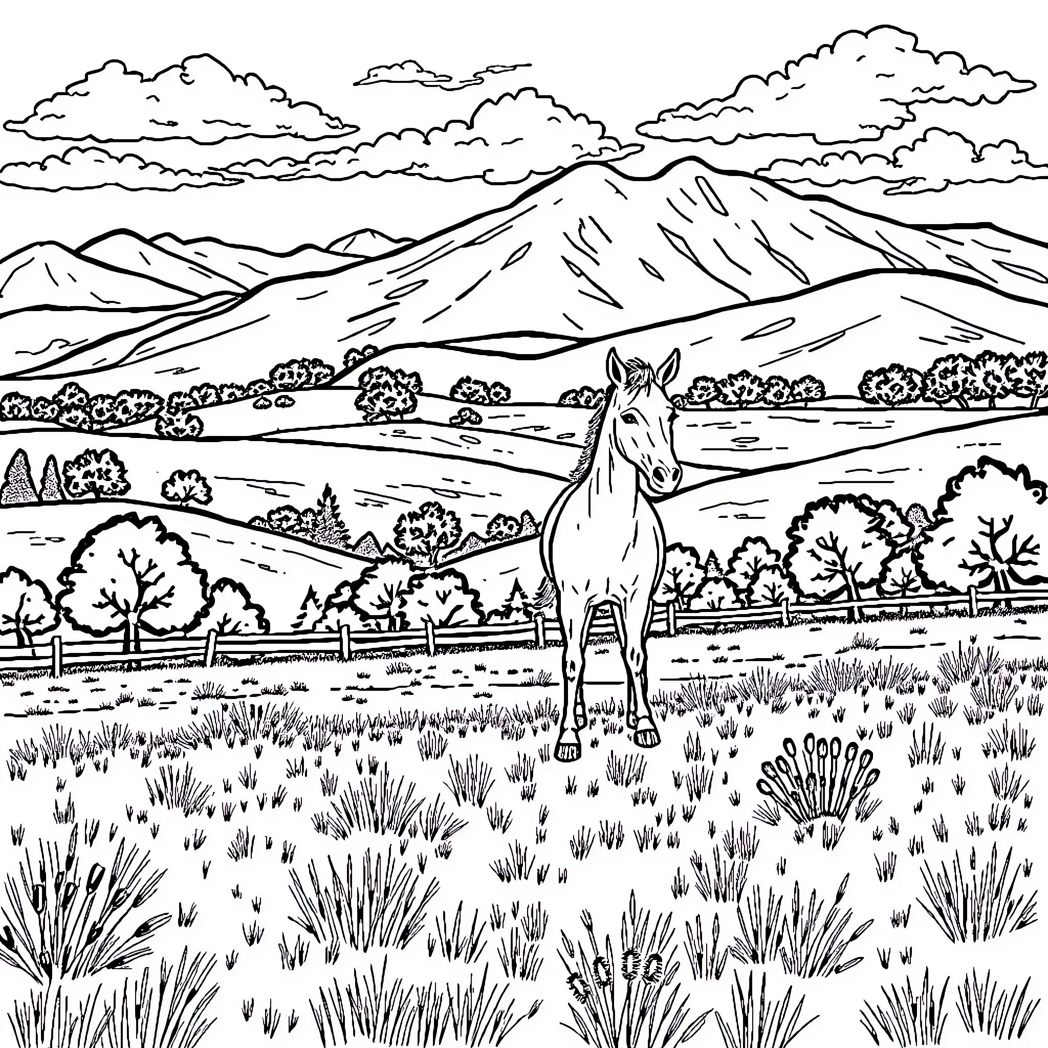 Tesla horse standing in a scenic mountain landscape Coloring Page (free black-and-white line drawing printable PDF for all, from beginners to advanced learners, including children, teens, adults, and seniors)
