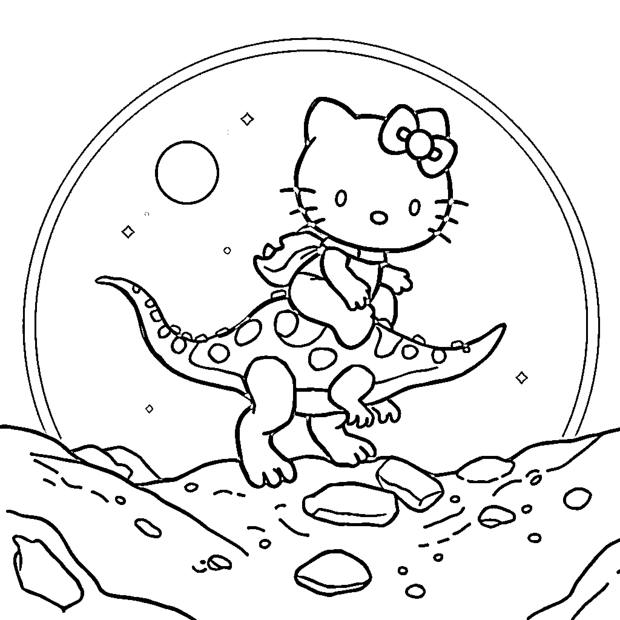 Hello Kitty riding a dinosaur in a rocky landscape Coloring Page (free black-and-white line drawing printable PDF for all, from beginners to advanced learners, including children, teens, adults, and seniors)