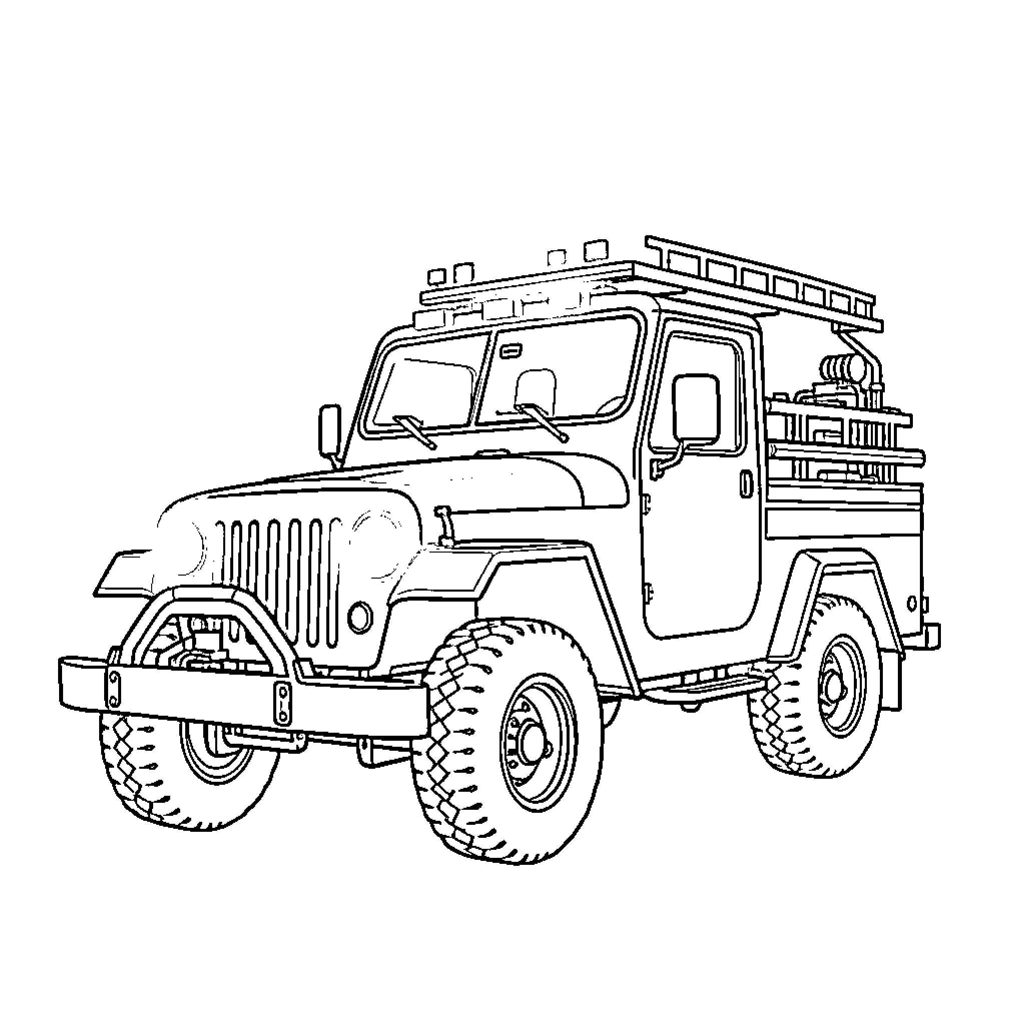 Fire Truck with Utility Gear Climbing Rugged Terrain Coloring Page (free black-and-white line drawing printable PDF for all, from beginners to advanced learners, including children, teens, adults, and seniors)
