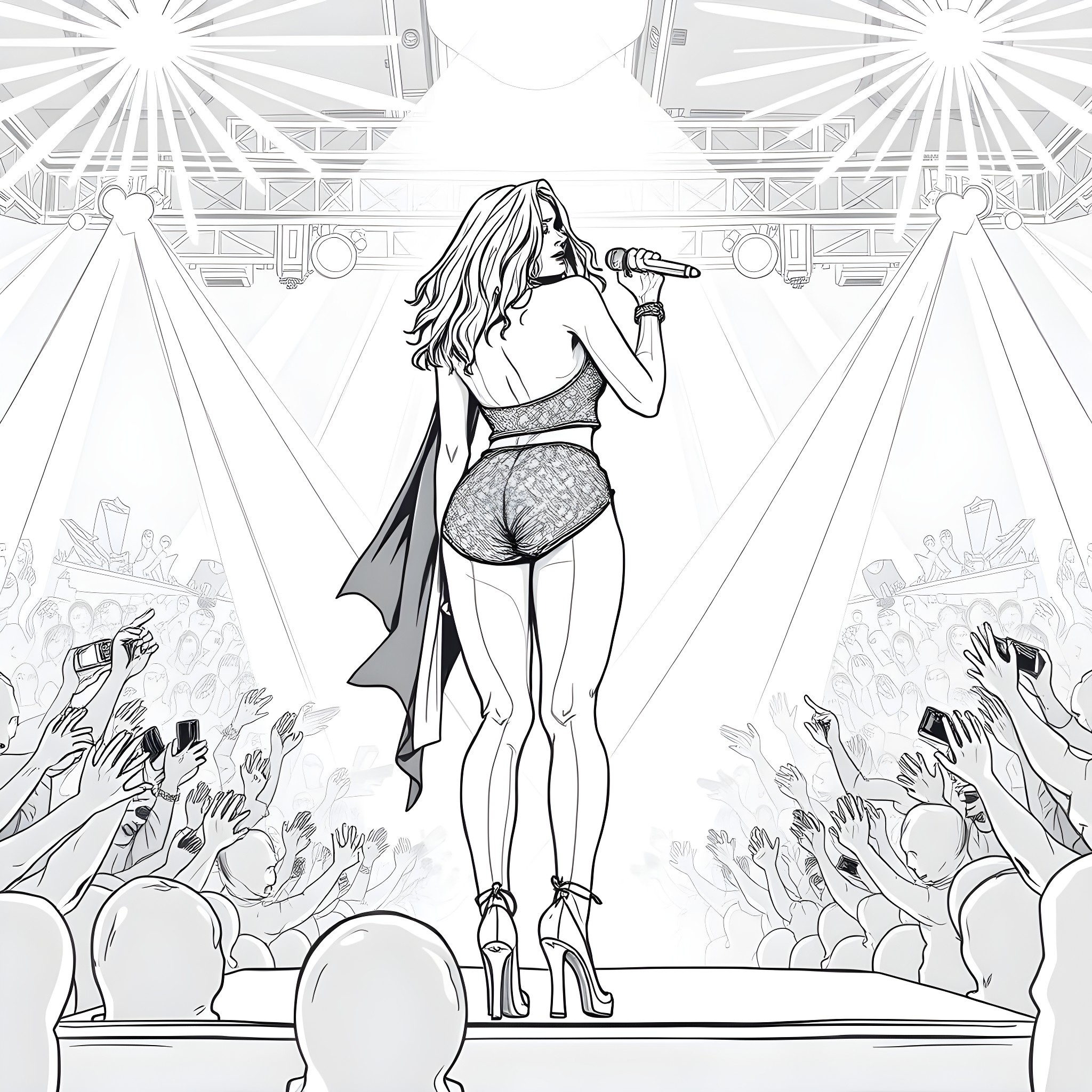Rihanna performing on stage with confidence Coloring Page (free black-and-white line drawing printable PDF for all, from beginners to advanced learners, including children, teens, adults, and seniors)