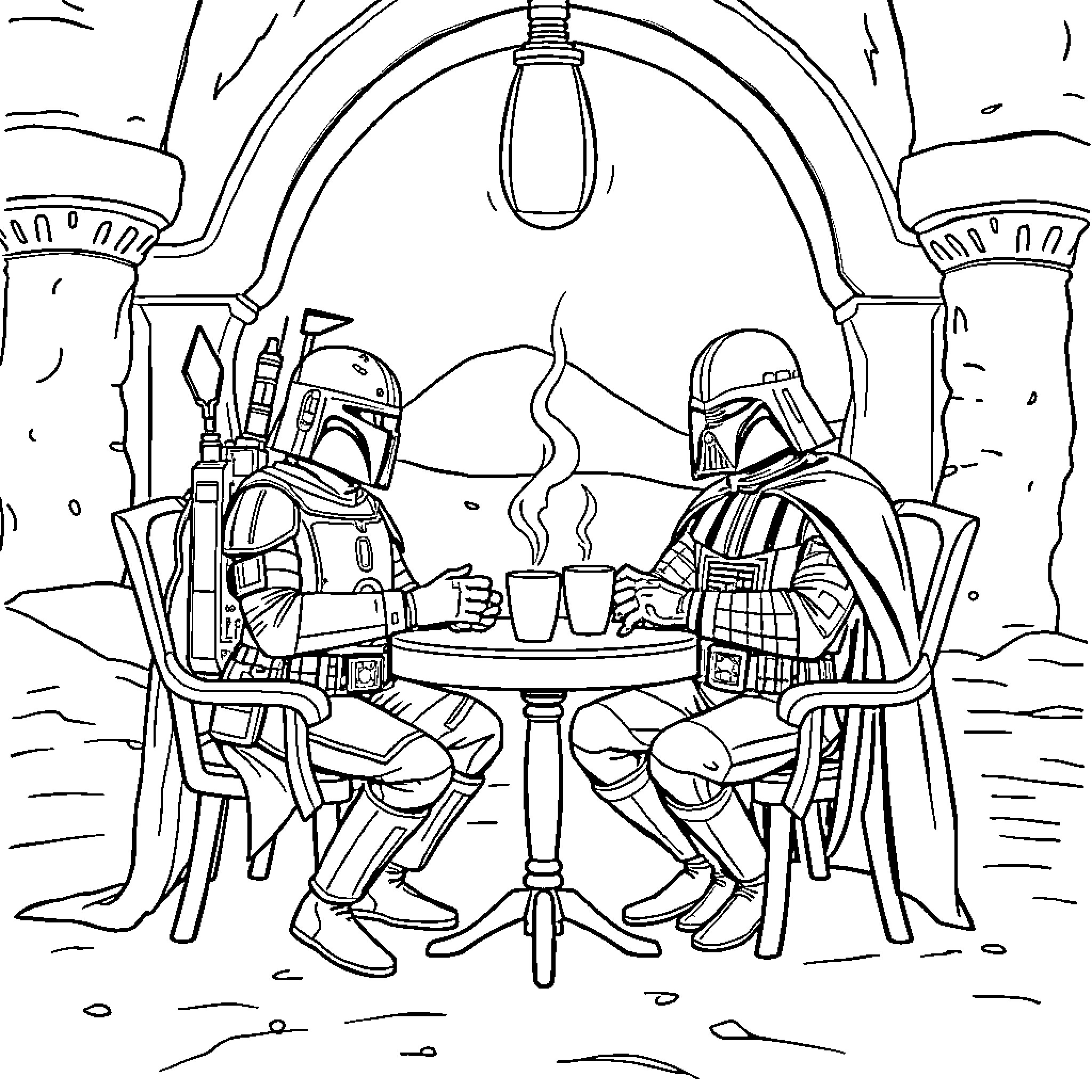 Darth Vader Enjoying a Peaceful Conversation Coloring Page (free black-and-white line drawing printable PDF for all, from beginners to advanced learners, including children, teens, adults, and seniors)