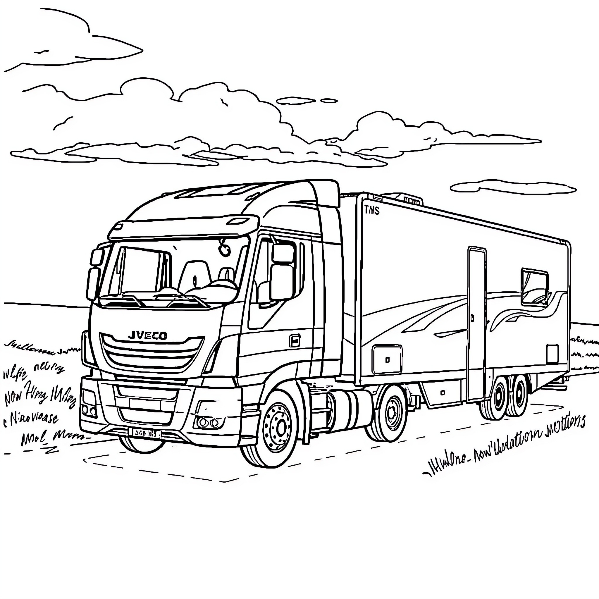 Truck on the road with clouds in the sky Coloring Page (free black-and-white line drawing printable PDF for all, from beginners to advanced learners, including children, teens, adults, and seniors)