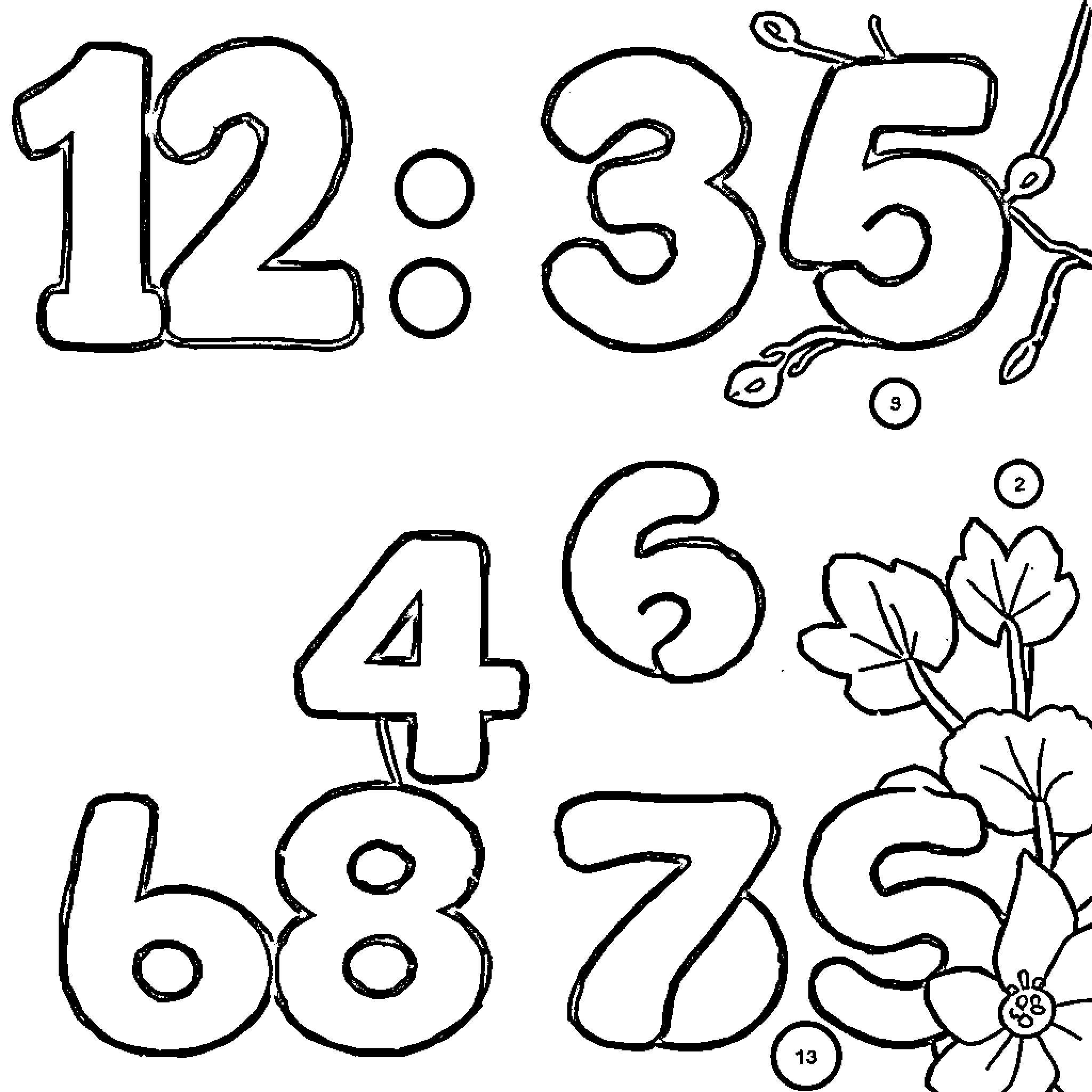 Counting hand-drawn numbers and flowers Coloring Page (free black-and-white line drawing printable PDF for all, from beginners to advanced learners, including children, teens, adults, and seniors)