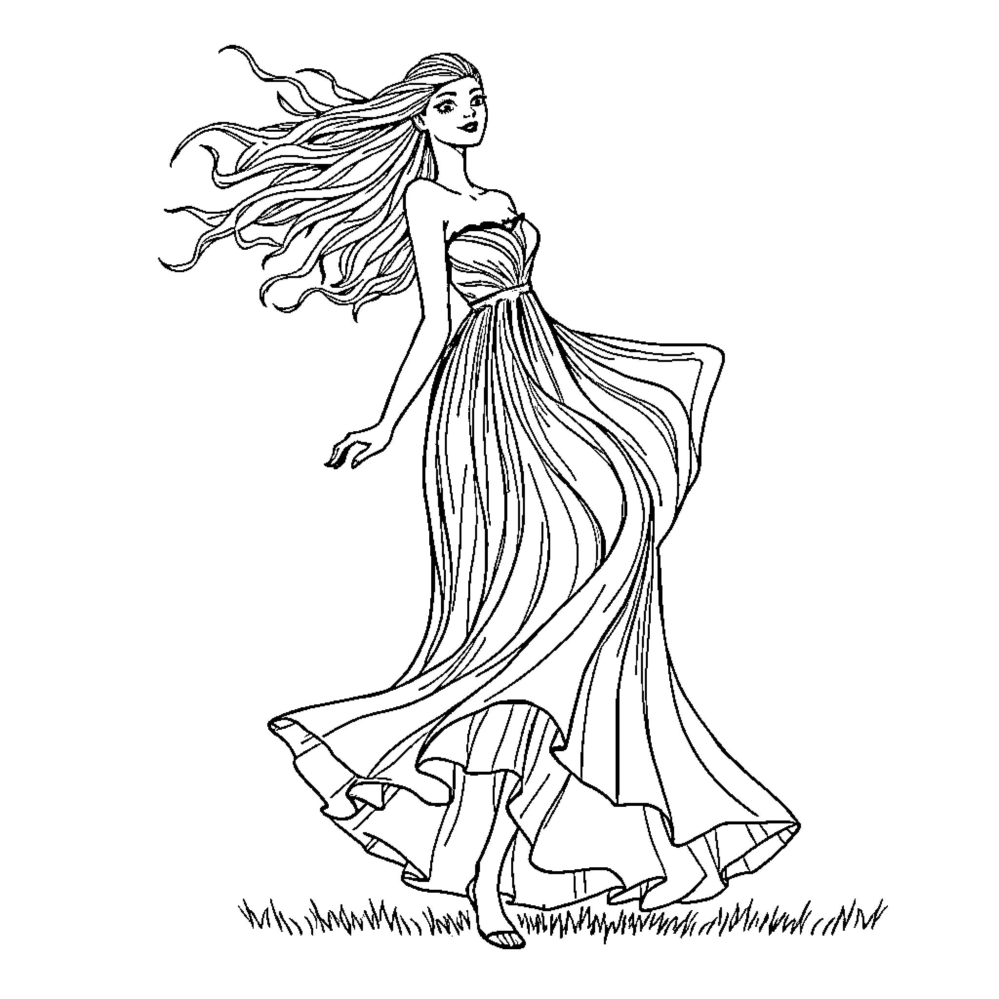 Woman in flowing gown dancing gracefully Coloring Page (free black-and-white line drawing printable PDF for all, from beginners to advanced learners, including children, teens, adults, and seniors)