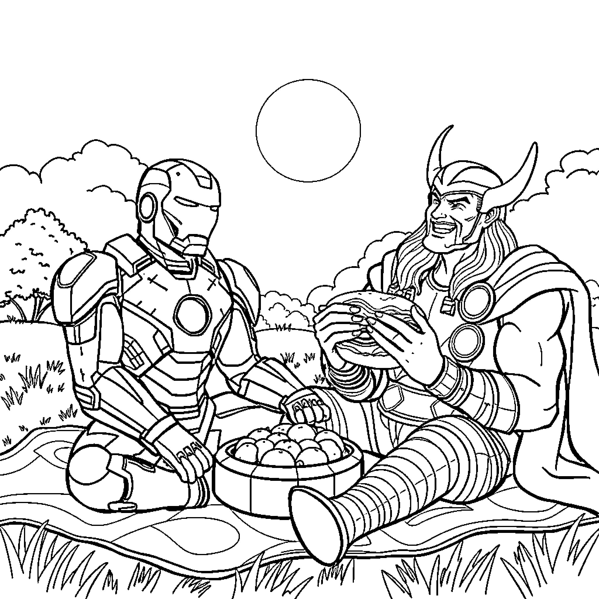 Ironman and Thor sharing a meal in nature Coloring Page (free black-and-white line drawing printable PDF for all, from beginners to advanced learners, including children, teens, adults, and seniors)