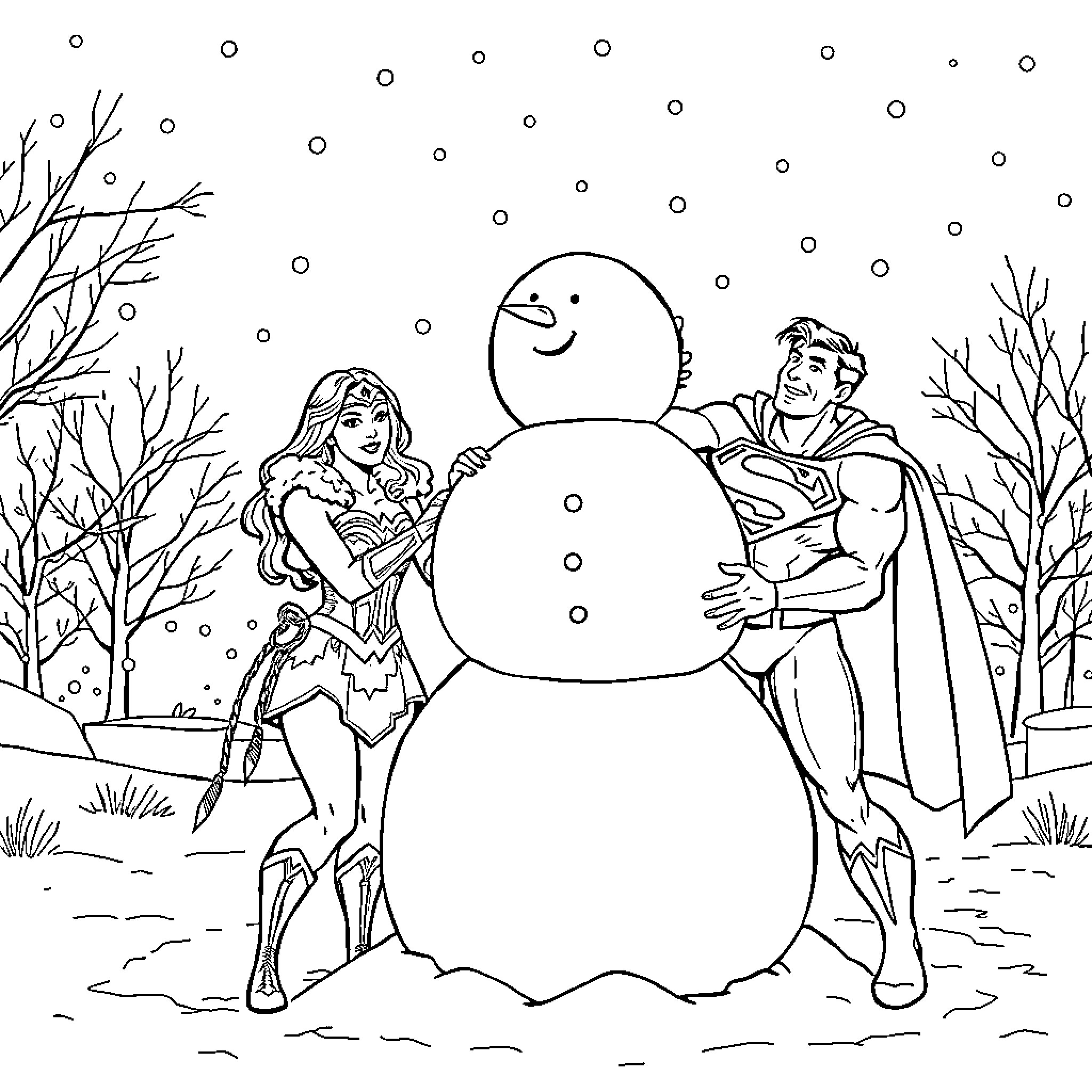 Wonder Woman and Superman Building a Snowman Coloring Page (free black-and-white line drawing printable PDF for all, from beginners to advanced learners, including children, teens, adults, and seniors)