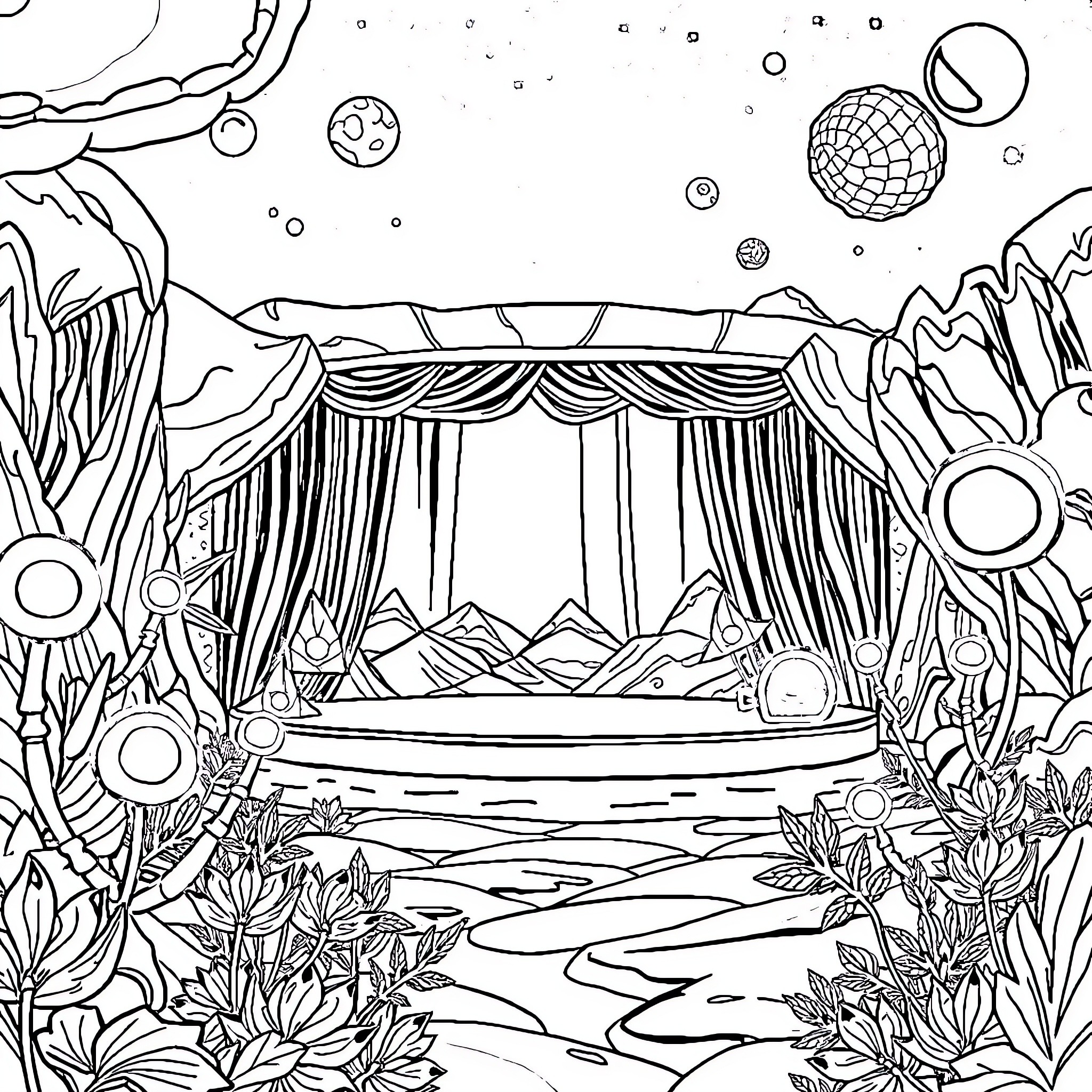 Alien Performers on Surreal Cosmic Stage Coloring Page (free black-and-white line drawing printable PDF for all, from beginners to advanced learners, including children, teens, adults, and seniors)