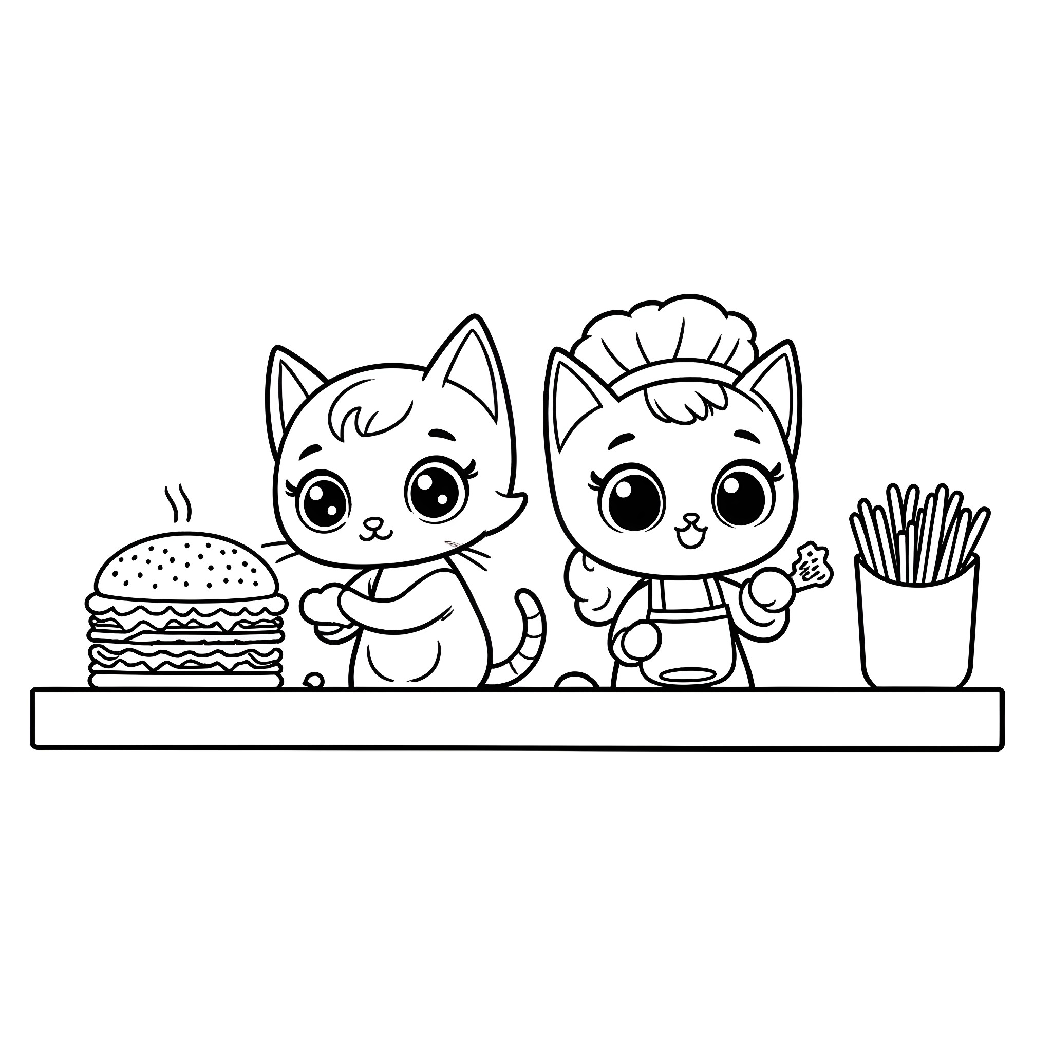 Kitten chef and waitress serving up food Coloring Page (free black-and-white line drawing printable PDF for all, from beginners to advanced learners, including children, teens, adults, and seniors)